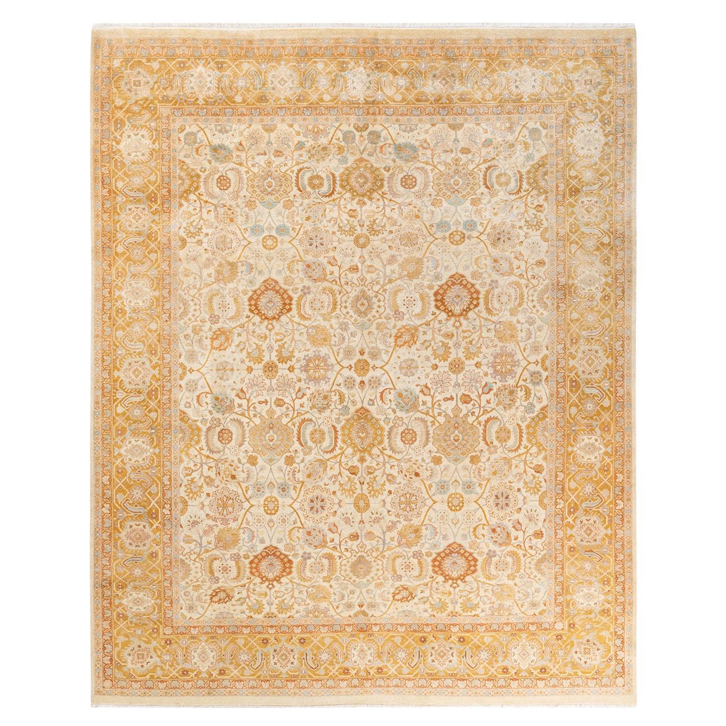 One-of-a-Kind Hand Knotted Traditional Mogul Ivory Area Rug For Sale