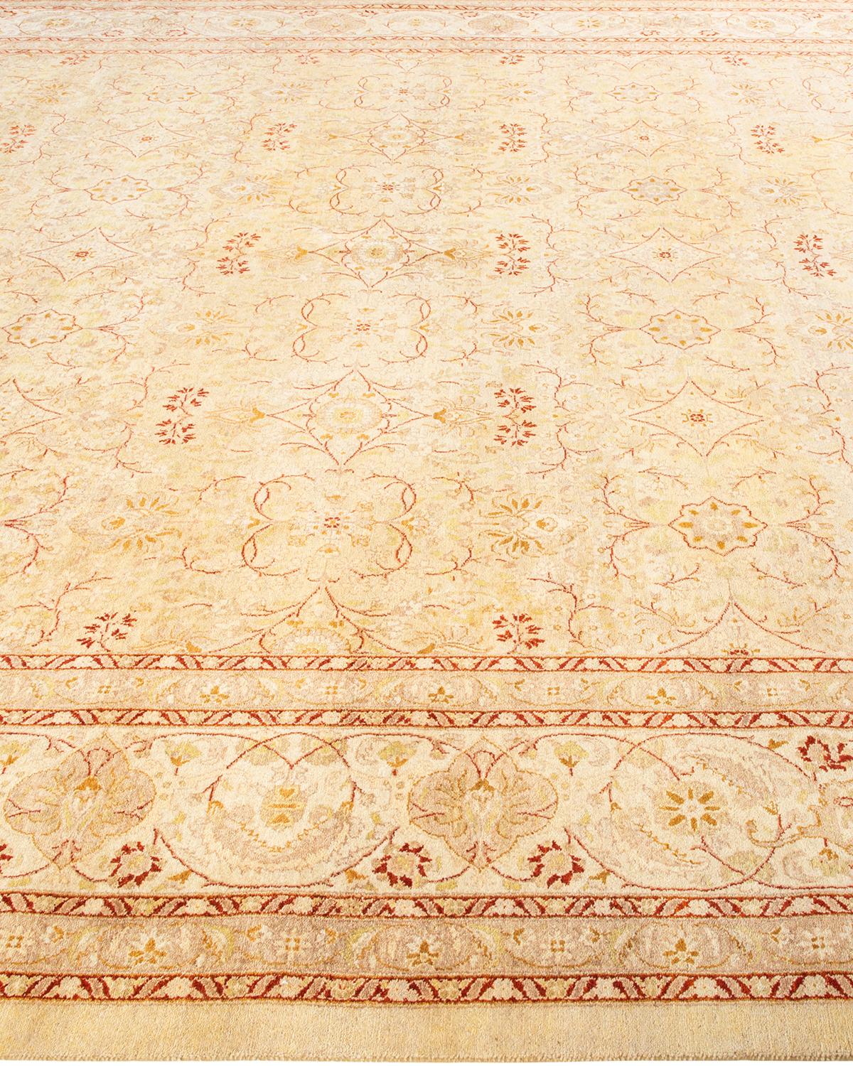 Pakistani One-of-a-Kind Hand Knotted Traditional Mogul Ivory Area Rug For Sale