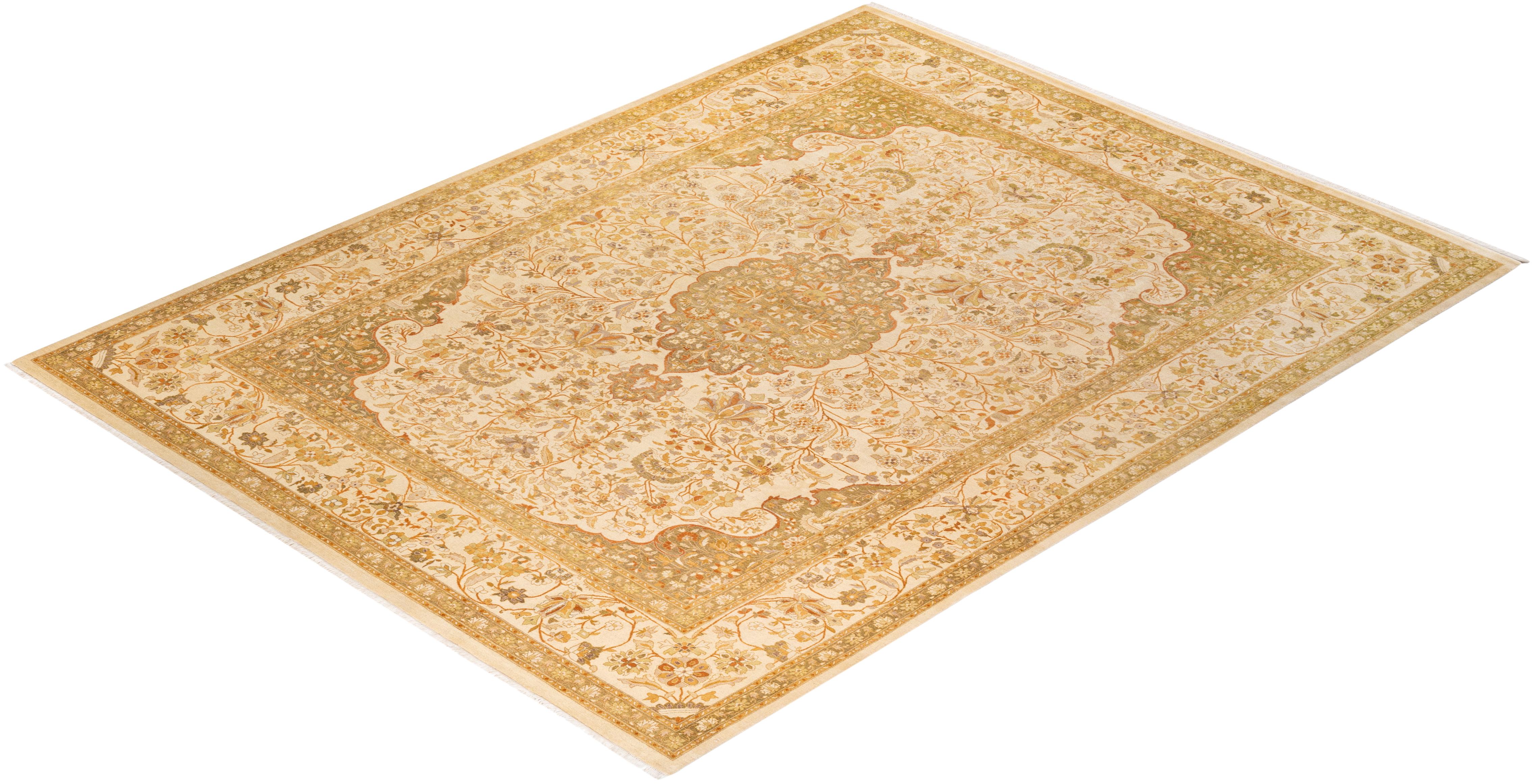 One-of-a-Kind Hand Knotted Traditional Mogul Ivory Area Rug For Sale 2