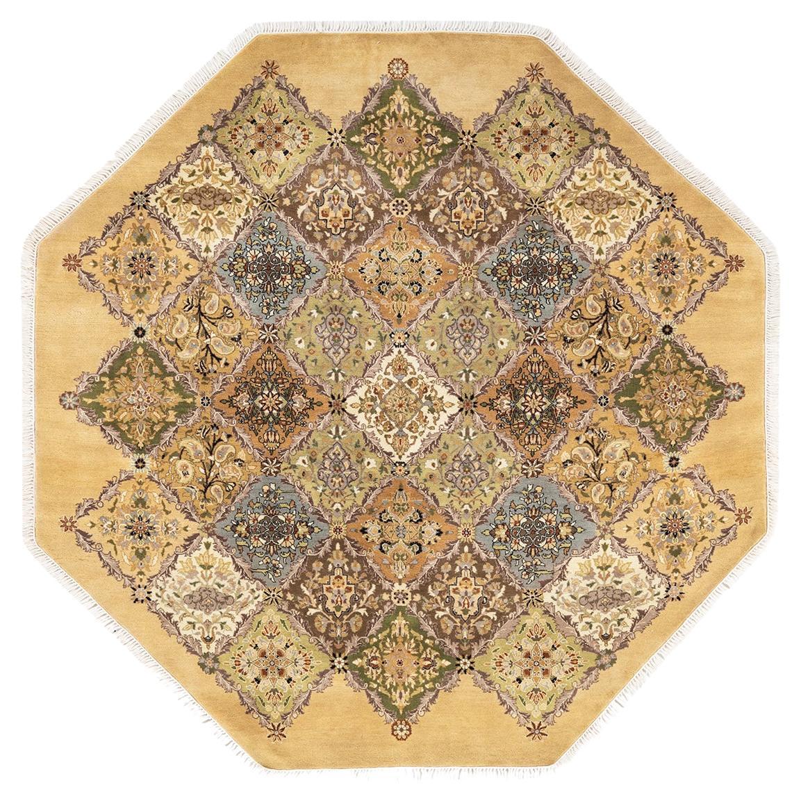 Tapis traditionnel Mogul jaune noué à la main, unique en son genre