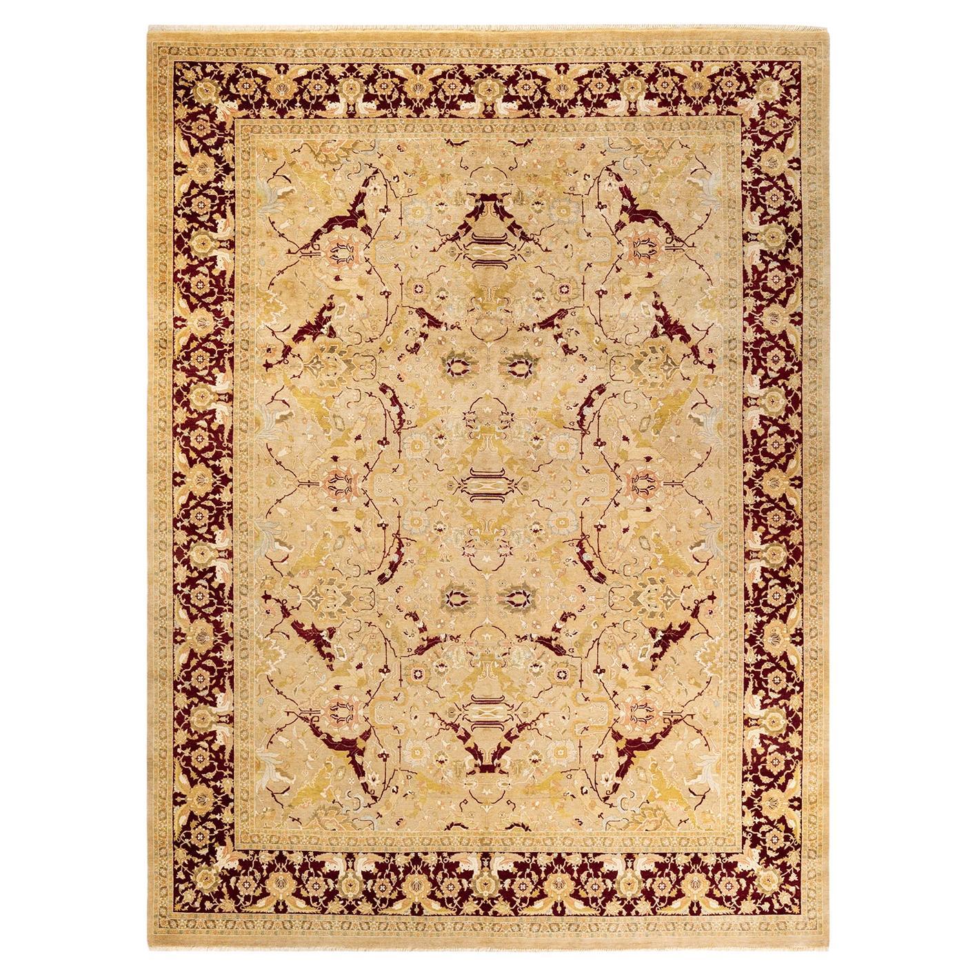 Tapis traditionnel Mogul jaune noué à la main unique, unique en son genre