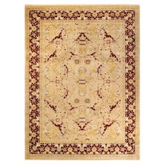 Tapis traditionnel Mogul jaune noué à la main unique, unique en son genre
