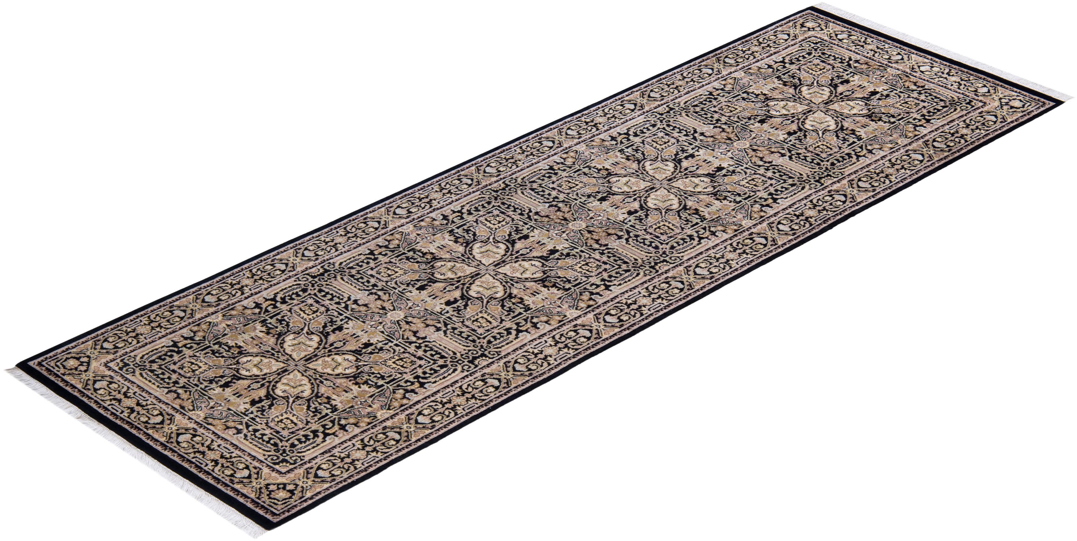 One of a Kind Hand Knotted Traditional Oriental Black Runner For Sale 2