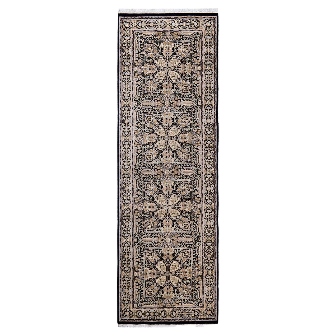 One of a Kind Hand Knotted Traditional Oriental Black Runner For Sale