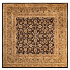 One of a Kind Hand Knotted Traditional Oriental Black Square Area Rug