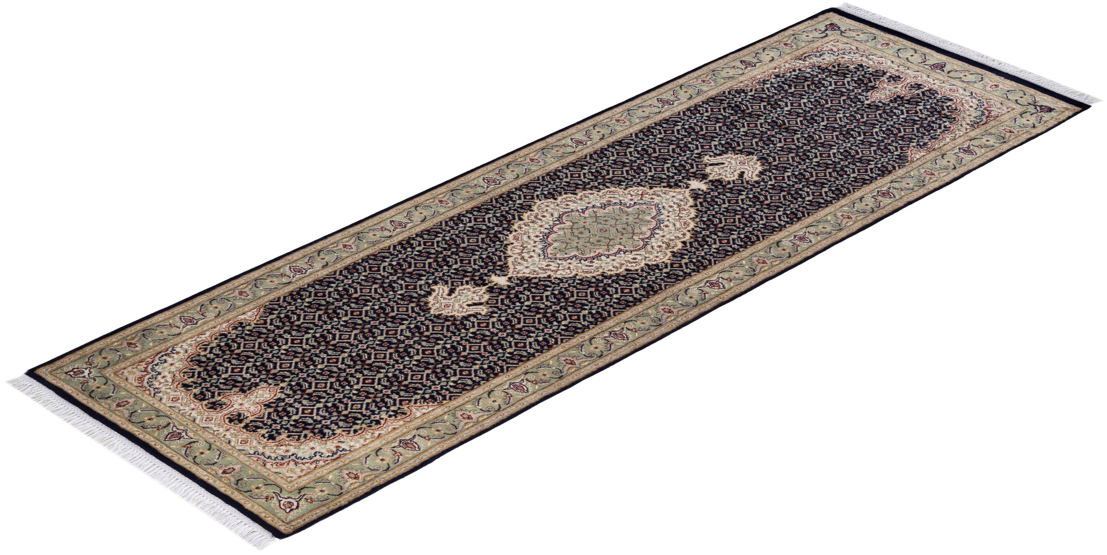 One of a Kind Hand Knotted Traditional Oriental Blue Runner For Sale 2