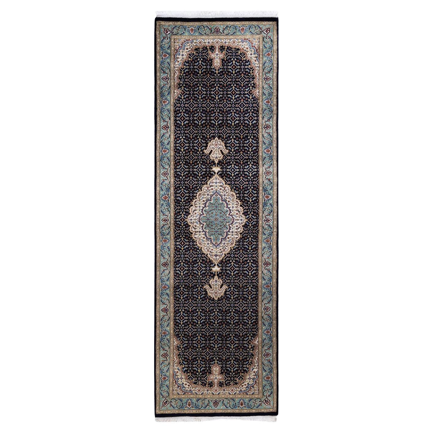 One of a Kind Hand Knotted Traditional Oriental Blue Runner For Sale