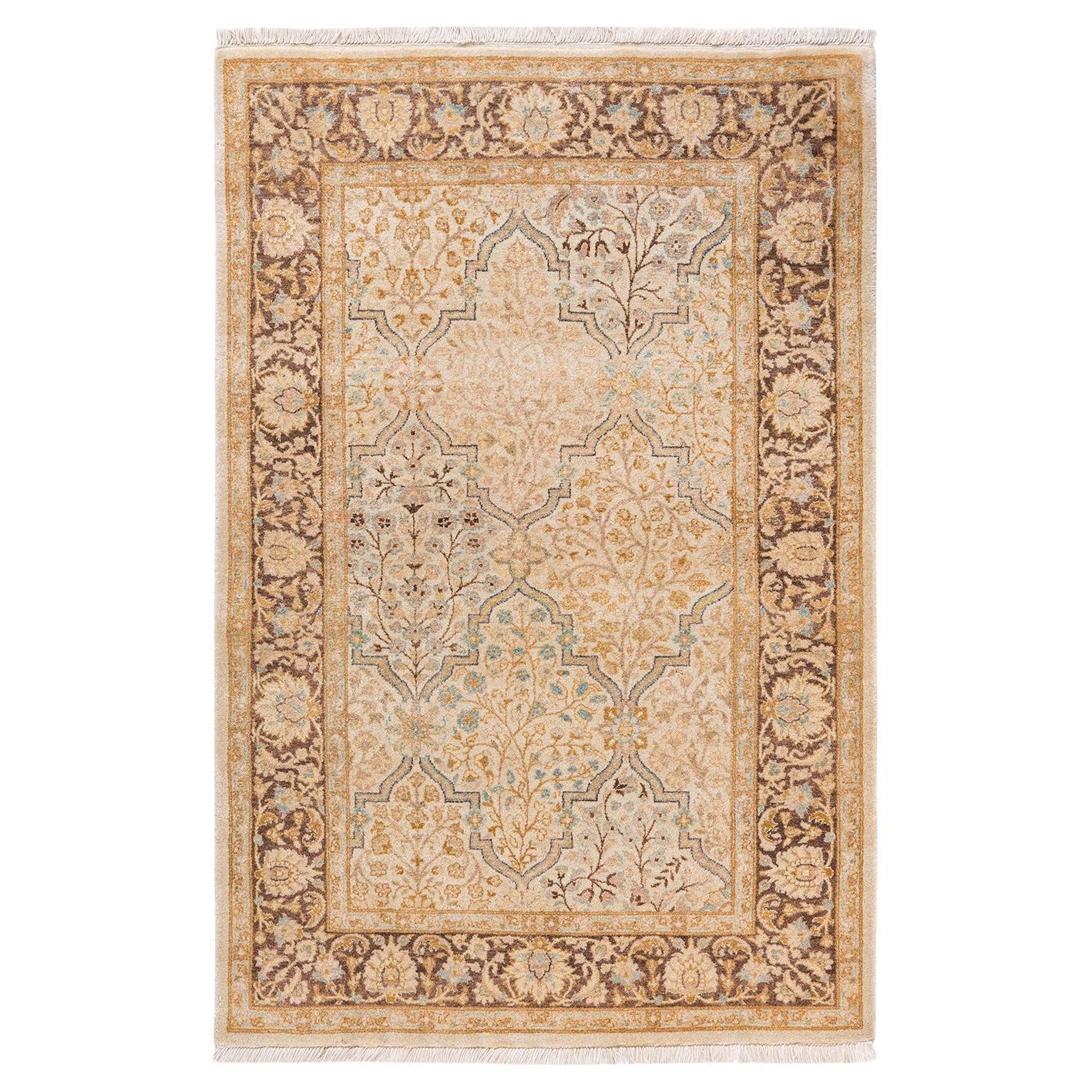 One of a Kind Hand Knotted Traditional Oriental Ivory Area Rug For Sale