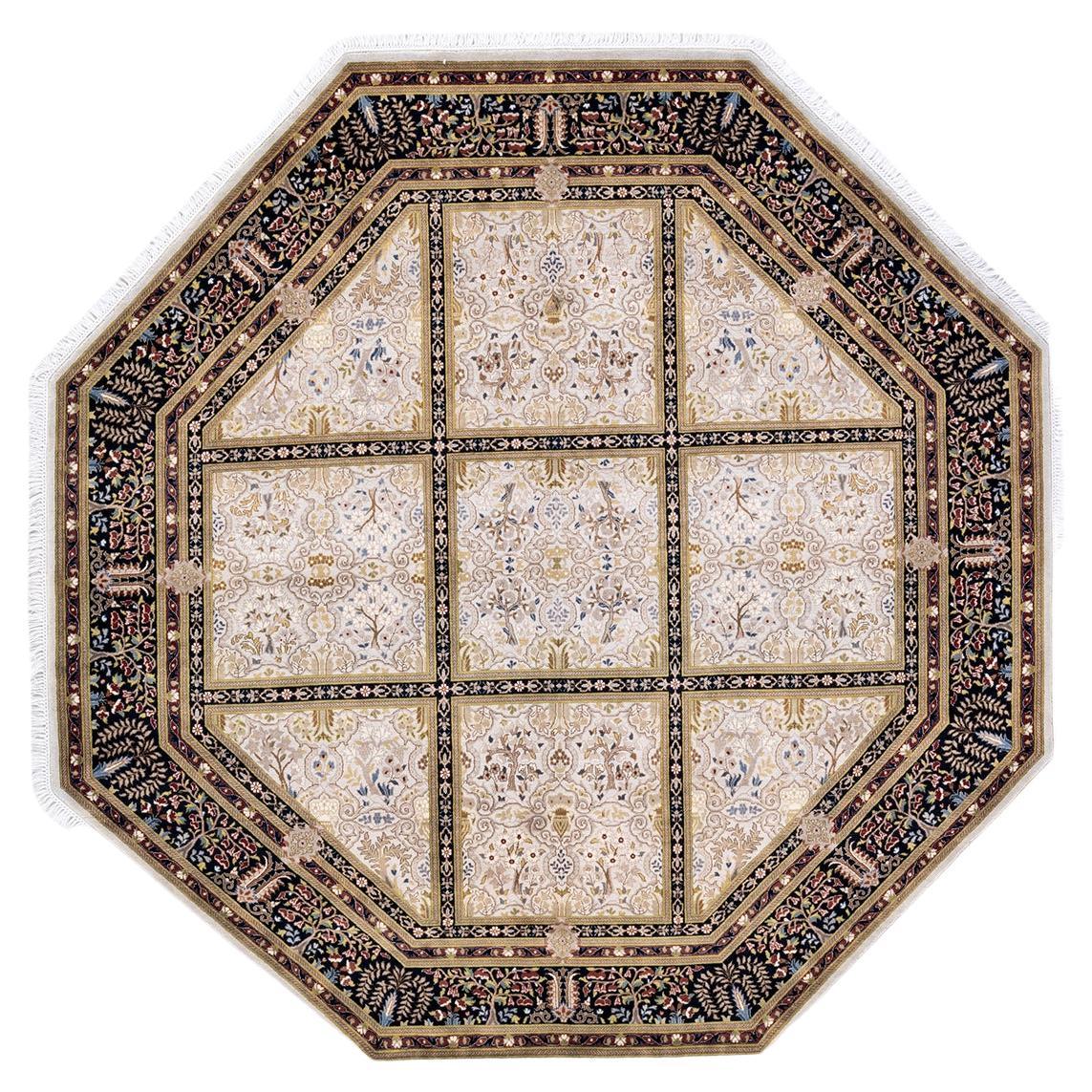 One of a Kind Hand Knotted Traditional Oriental Ivory Octagon Area Rug For Sale