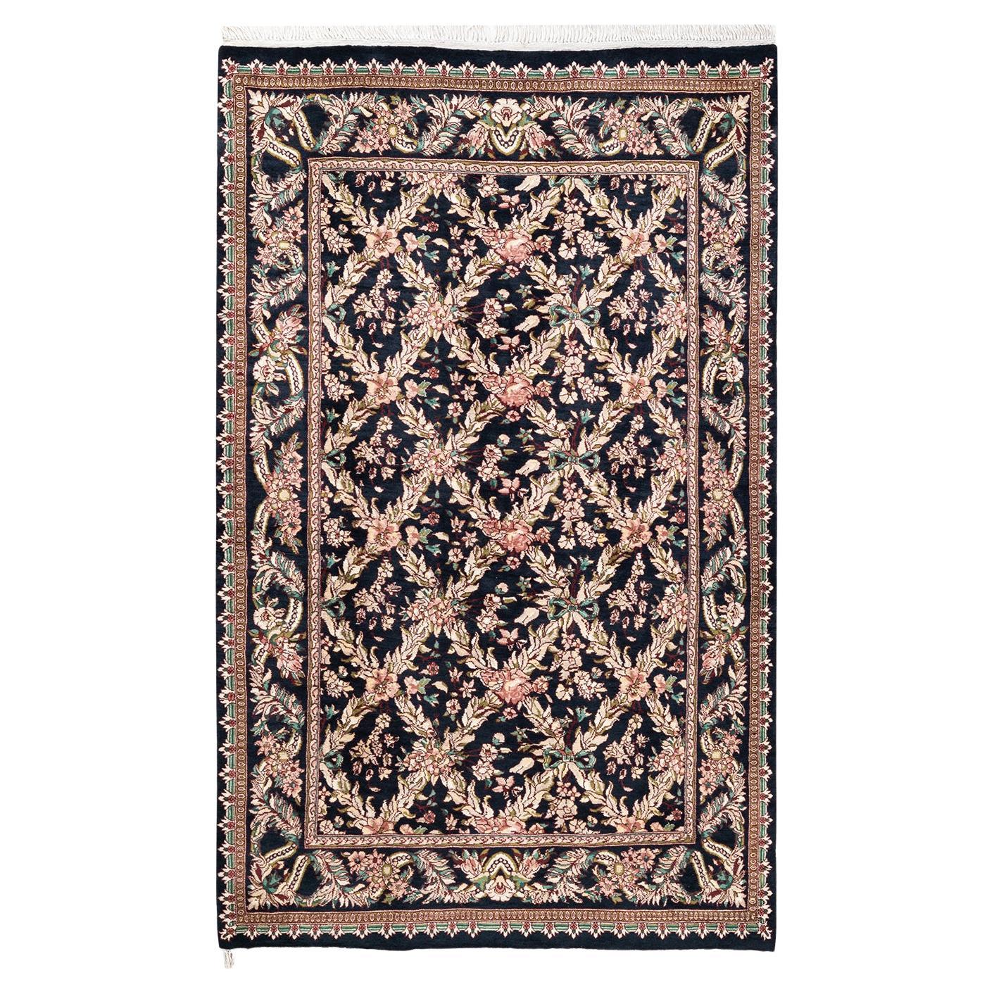 One-Of-A-Kind Hand Knotted Traditional Oriental Mogul Black Area Rug For Sale