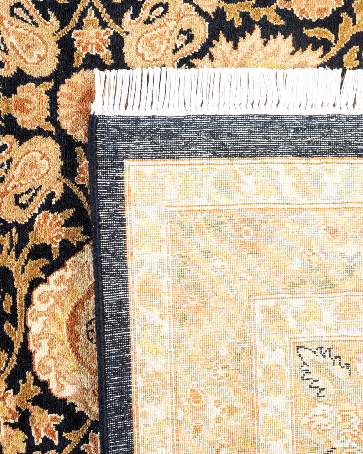 Contemporary One of a Kind Hand Knotted Traditional Oriental Mogul Black Area Rug For Sale