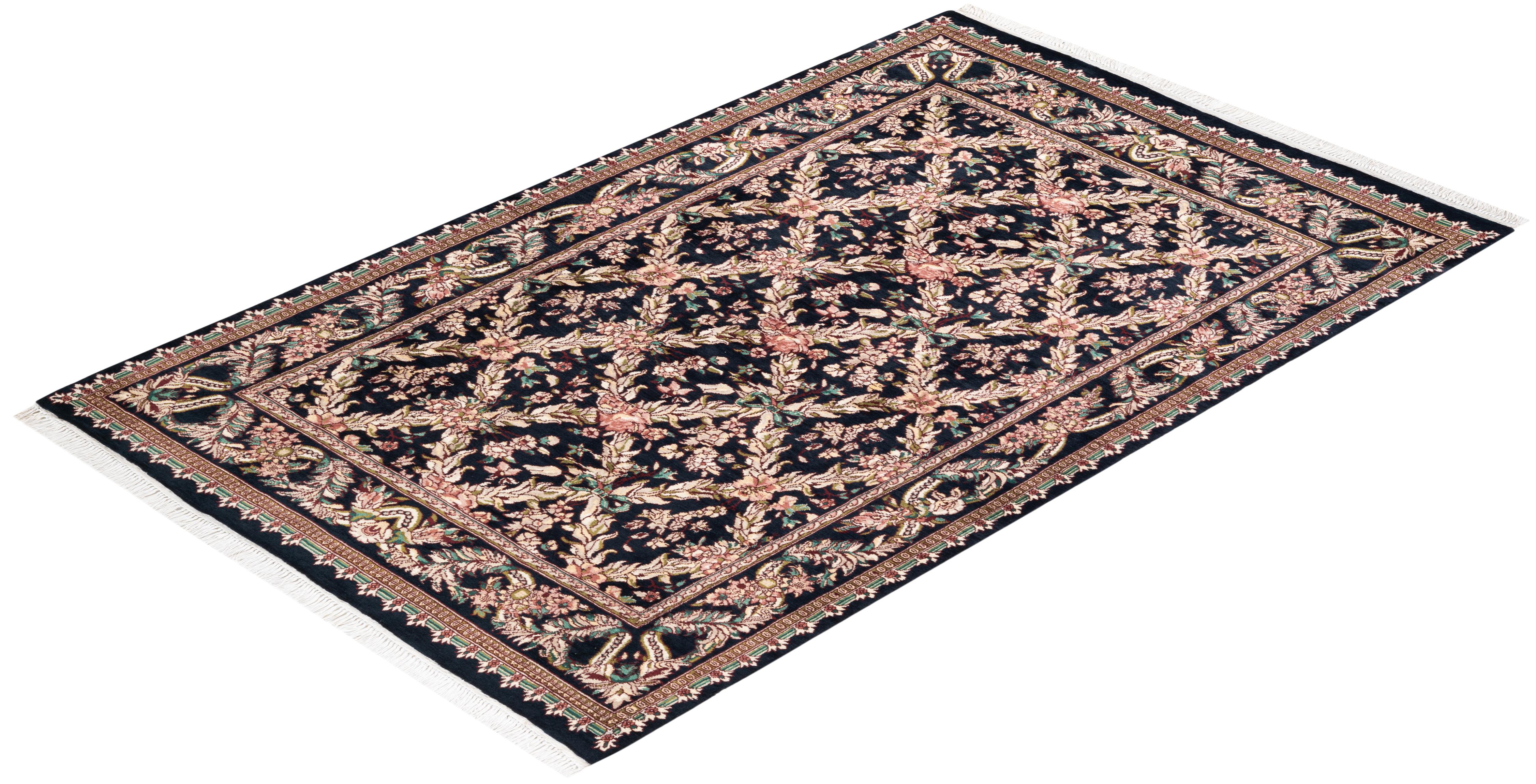 One-Of-A-Kind Hand Knotted Traditional Oriental Mogul Black Area Rug For Sale 2