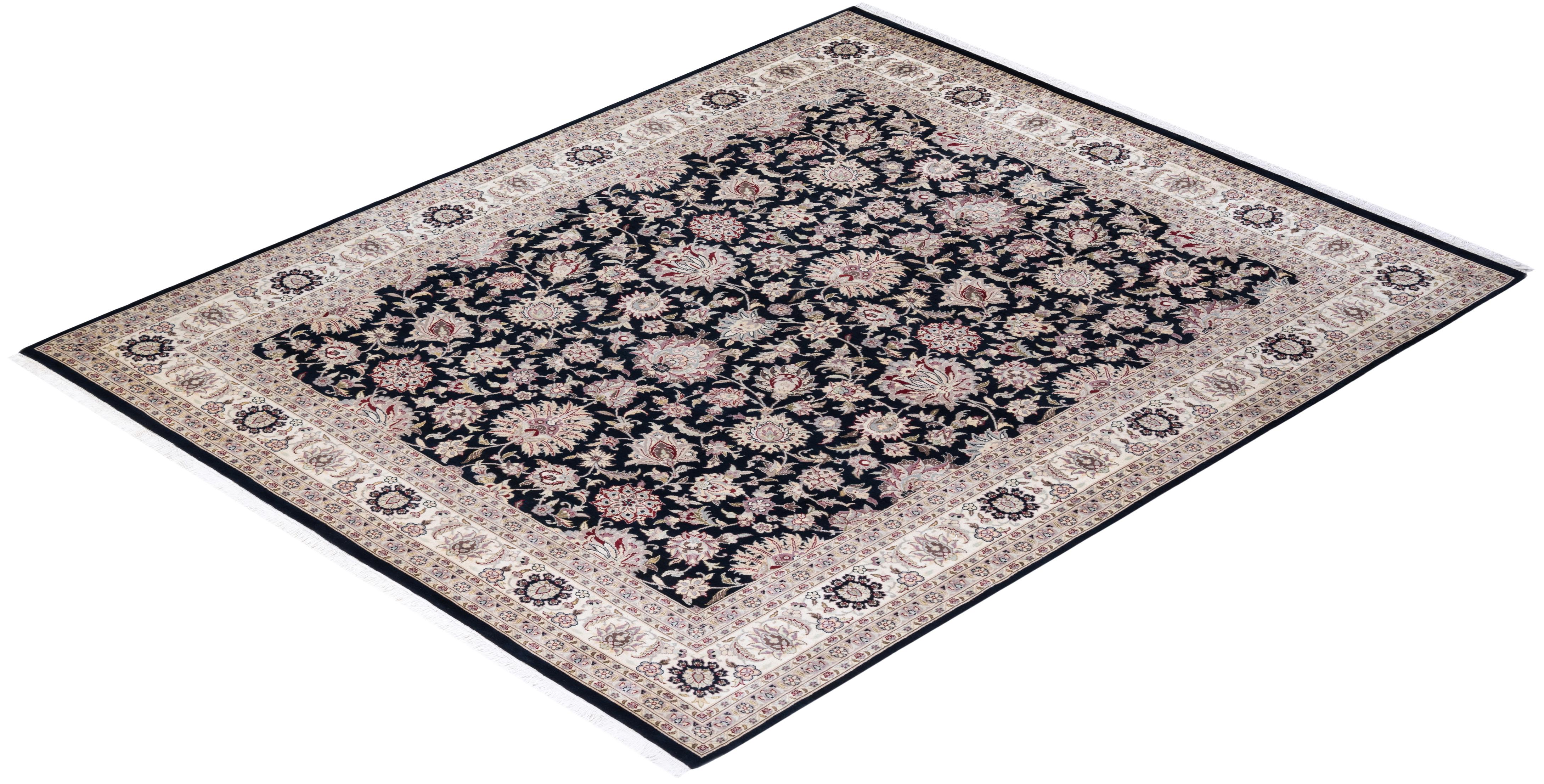 Alfombra única anudada a mano tradicional oriental Mogul negra en venta 2