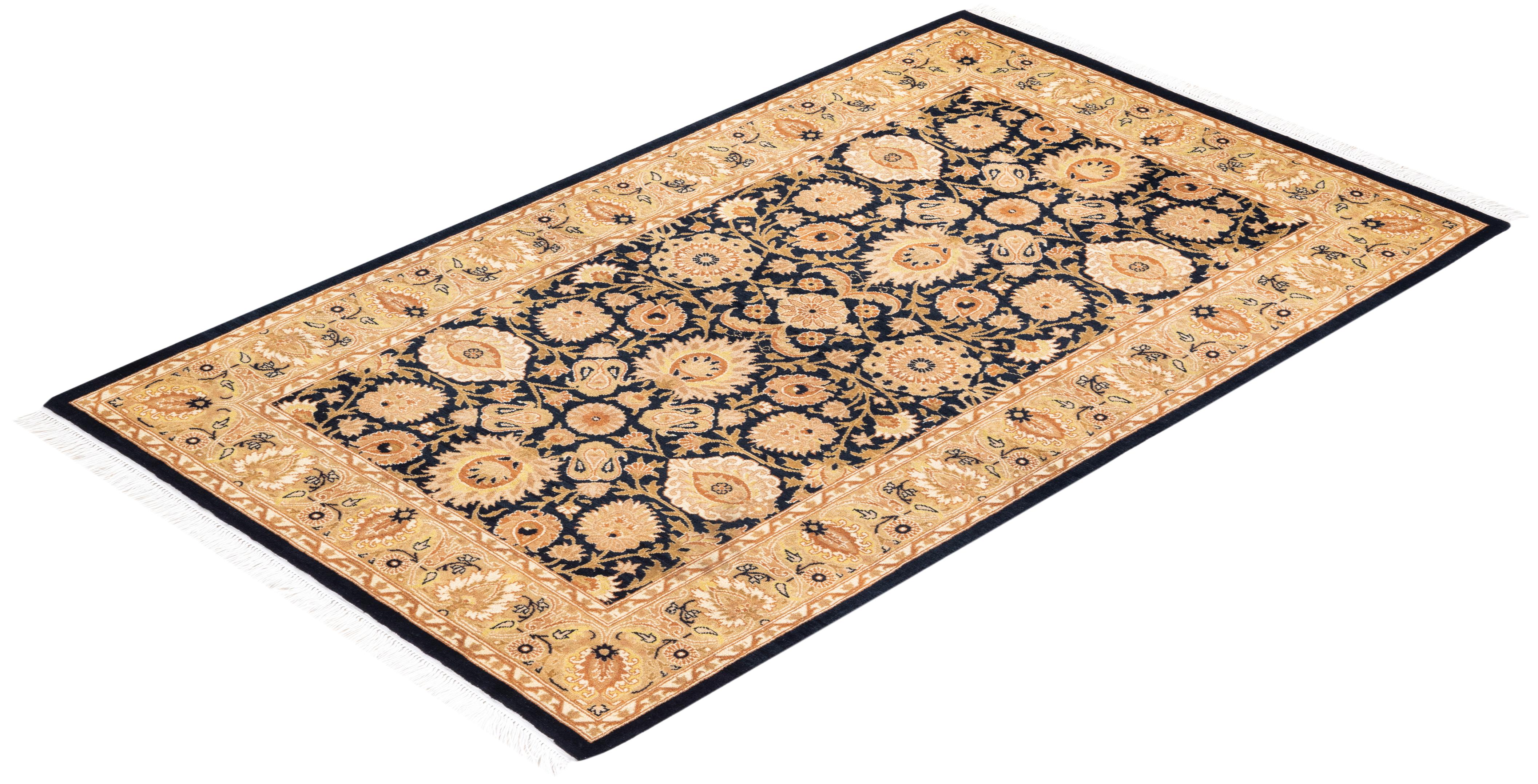 Handgeknpfter traditioneller orientalischer Mogul-Teppich in Schwarz, Unikat im Angebot 2