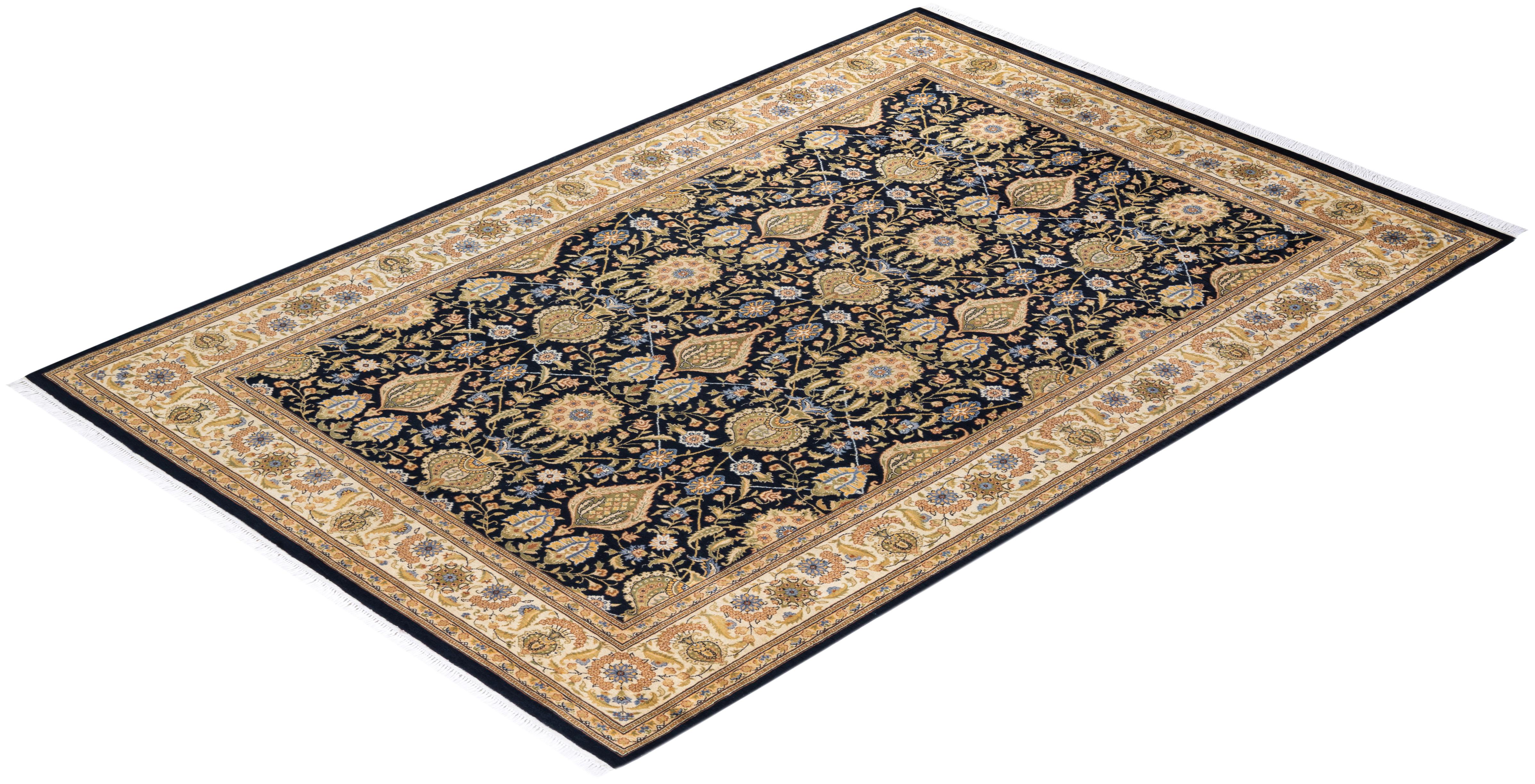 Alfombra única anudada a mano tradicional oriental Mogul negra en venta 2