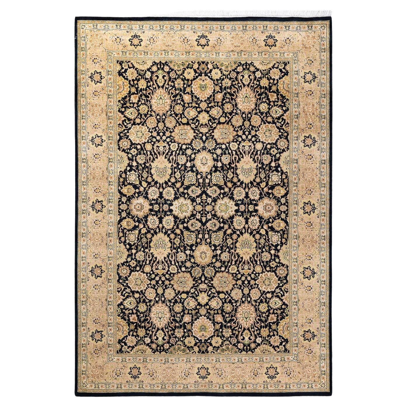 One of a Kind Hand Knotted Traditional Oriental Mogul Black Area Rug For Sale