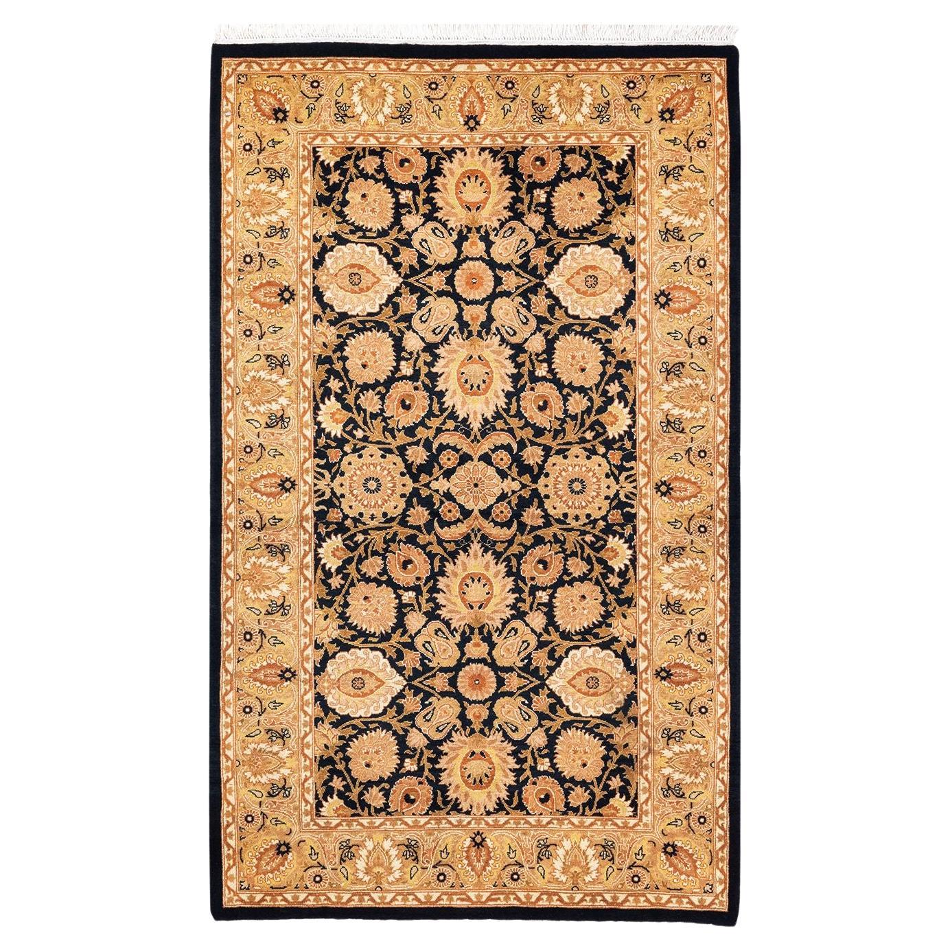 One of a Kind Hand Knotted Traditional Oriental Mogul Black Area Rug