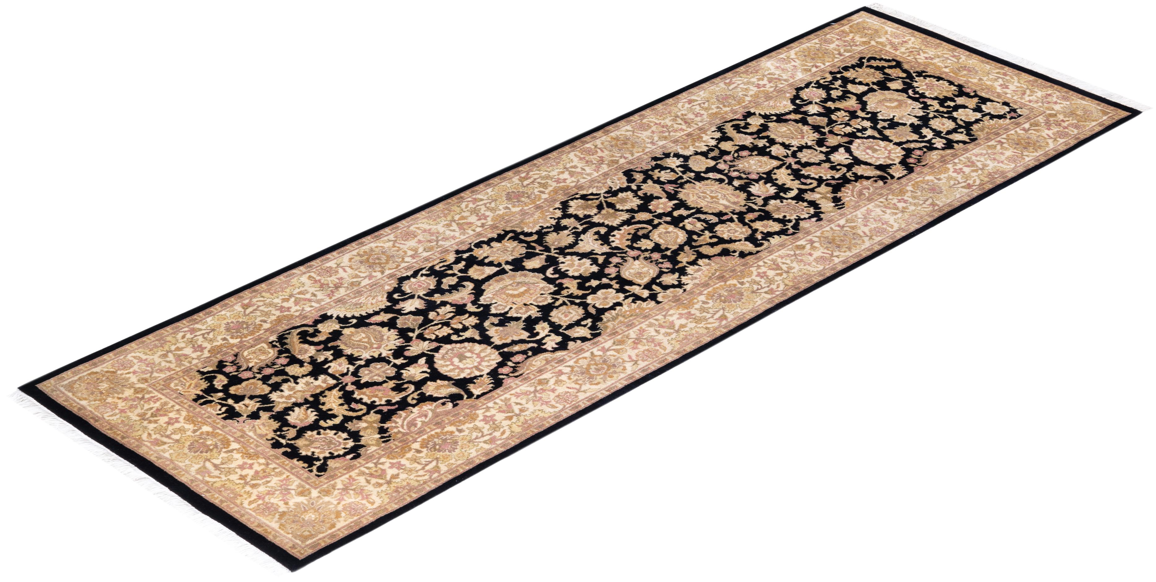 One of a Kind Hand Knotted Traditional Oriental Mogul Black Runner Area Rug For Sale 2