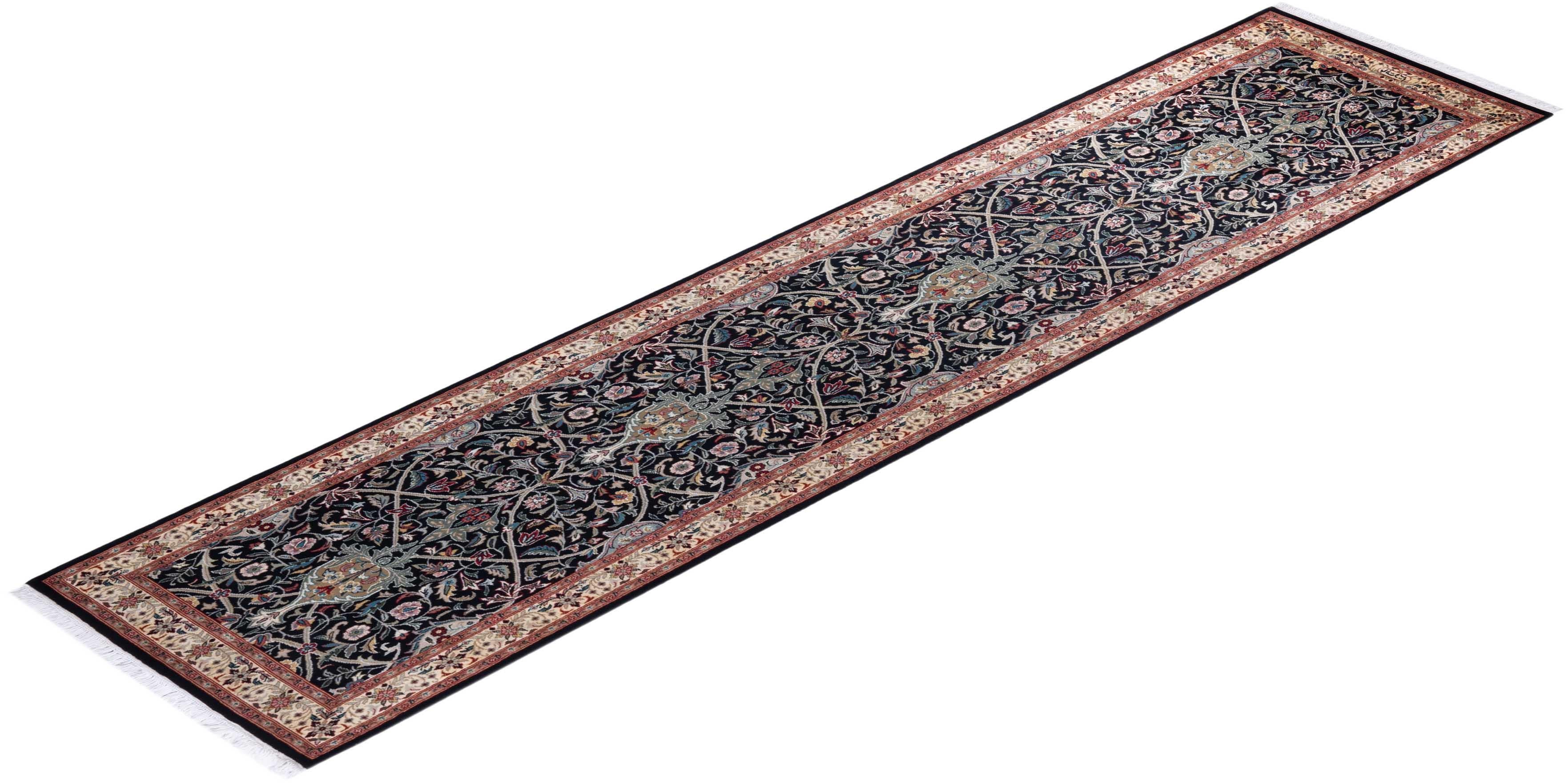 One of a Kind Hand Knotted Traditional Oriental Mogul Black Runner Area Rug For Sale 2
