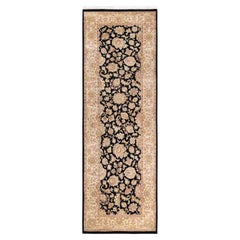 One of a Kind Hand Knotted Traditional Oriental Mogul Black Runner Area Rug