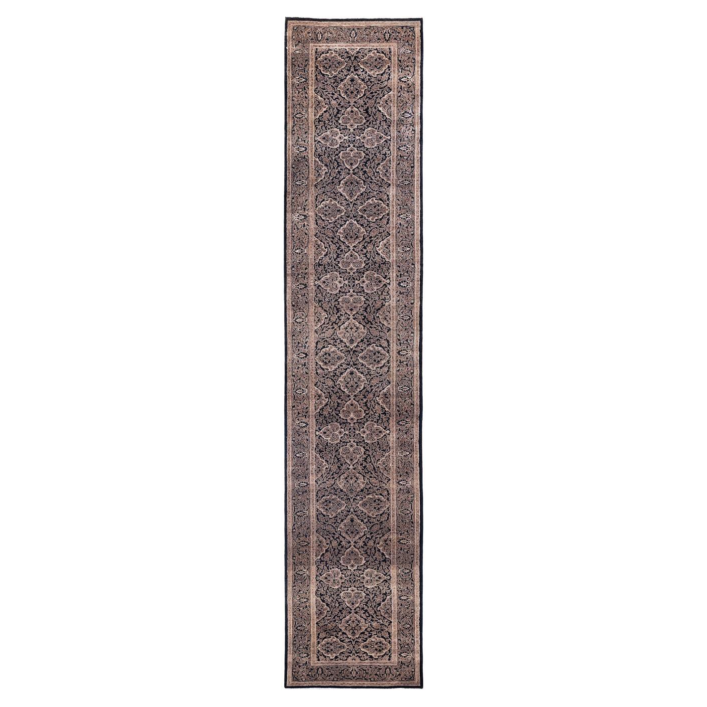 One of a Kind Hand Knotted Traditional Oriental Mogul Black Runner Area Rug
