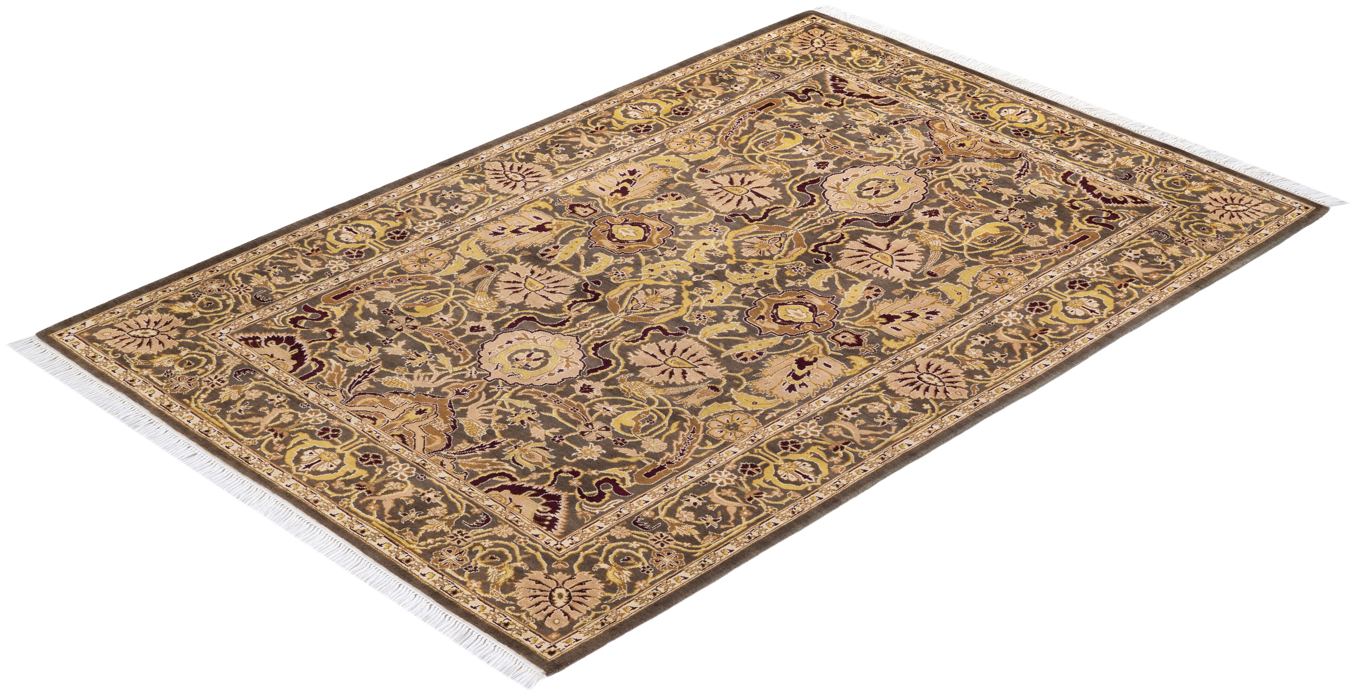 Einzigartiger handgeknpfter traditioneller Orientalischer Mogul-Teppich in Braun im Angebot 2