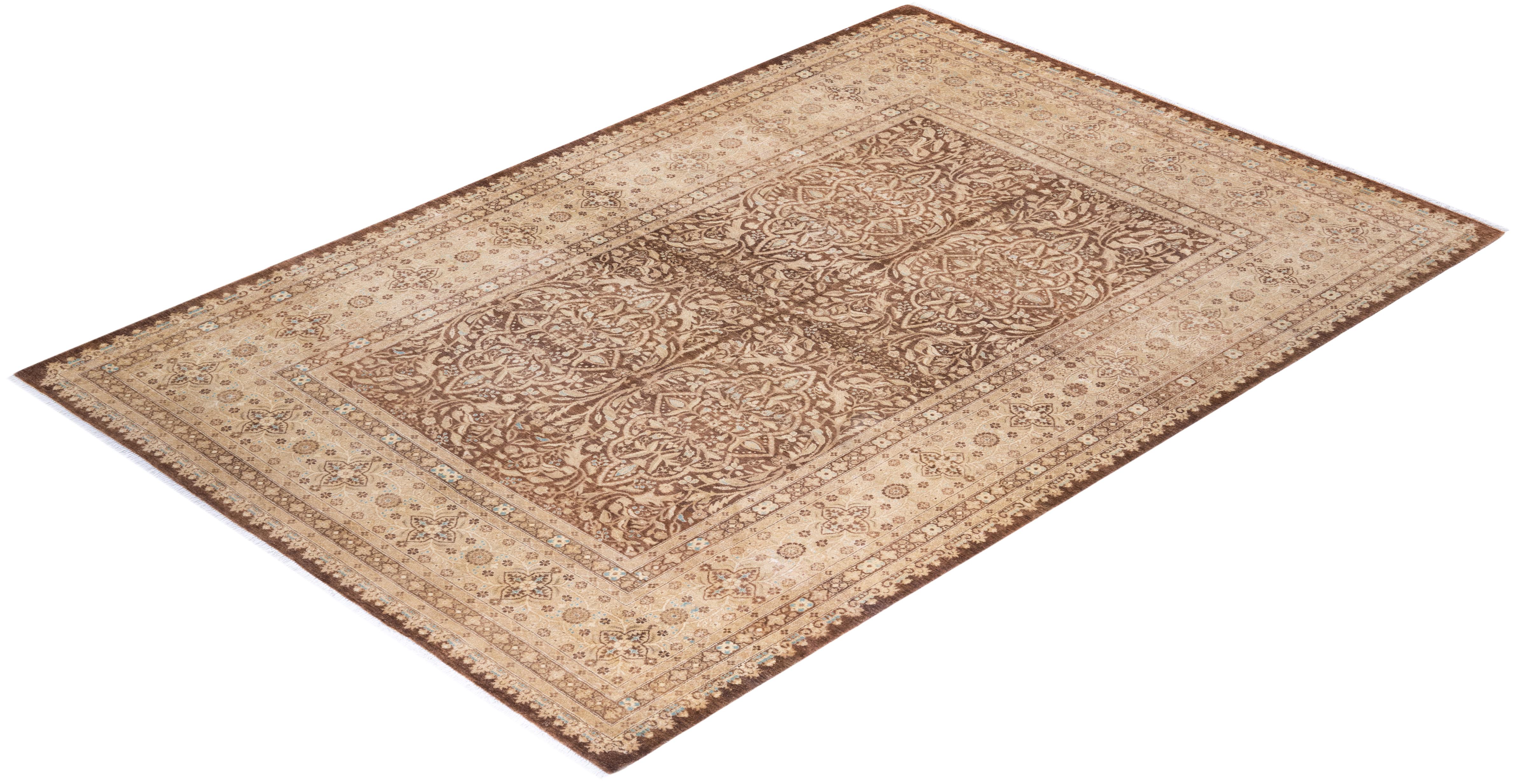 Einzigartiger handgeknüpfter traditioneller Orientalischer Mogul-Teppich in Braun im Angebot 2