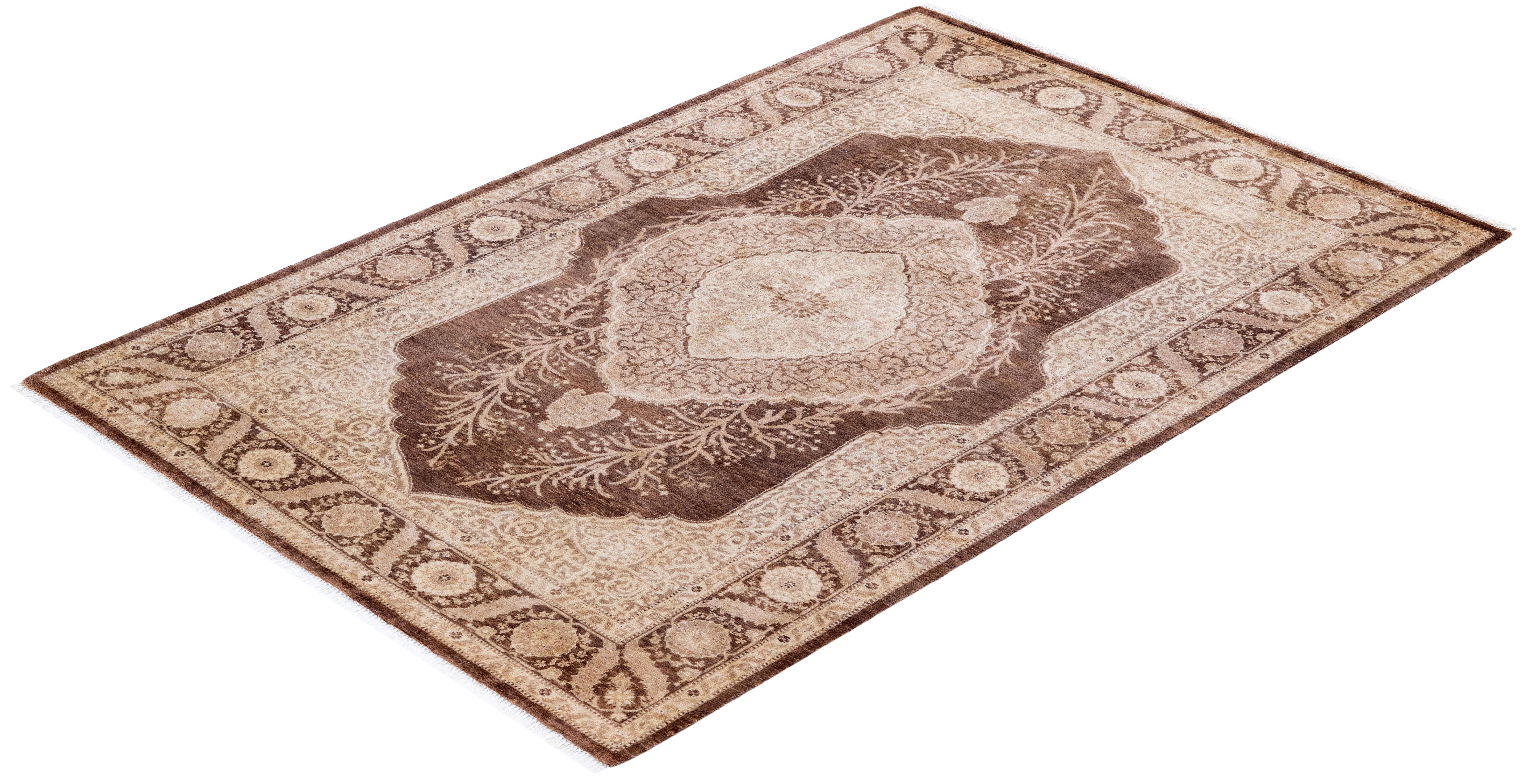 One of Kind Hand Knotted Traditional Oriental Mogul Brown Area Rug For Sale 2