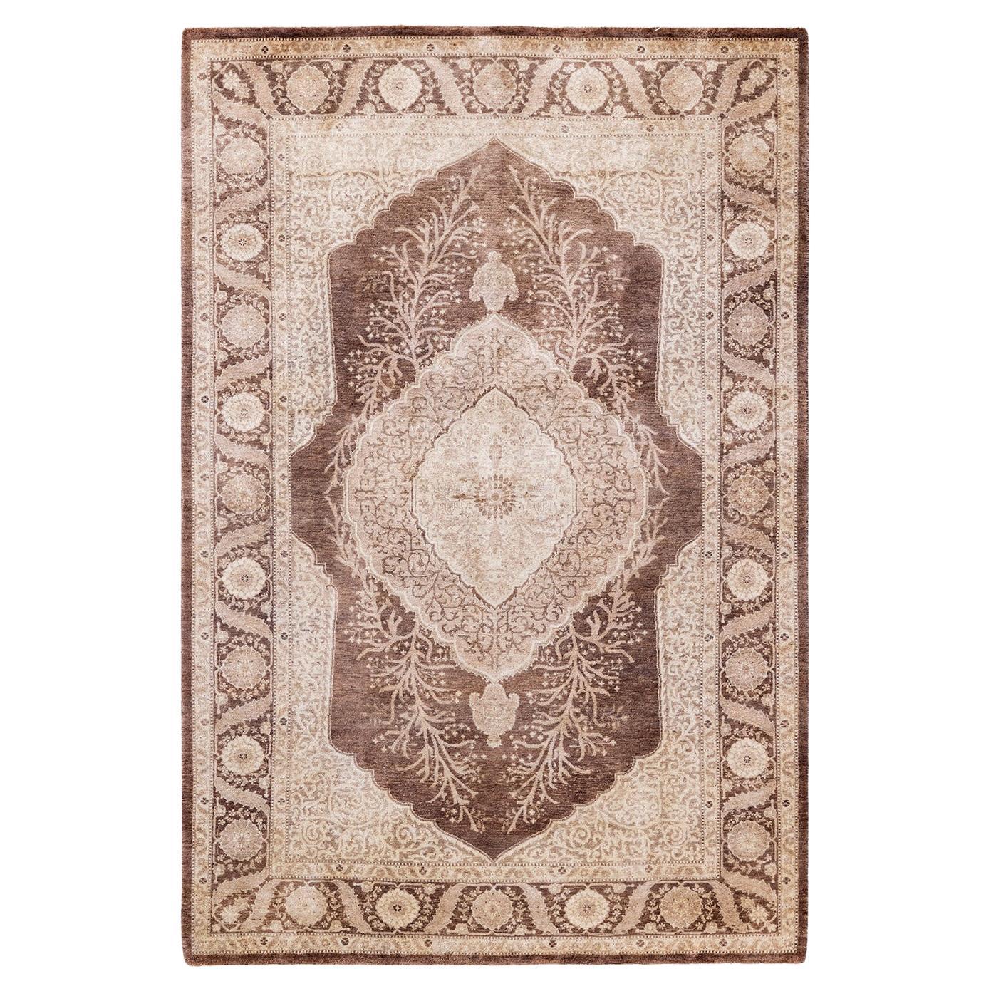 One of Kind Hand Knotted Traditional Oriental Mogul Brown Area Rug For Sale