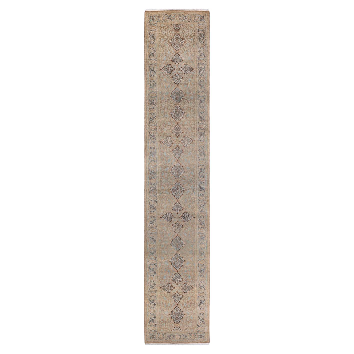 One of a Kind Hand Knotted Traditional Oriental Mogul Brown Runner Area Rug For Sale