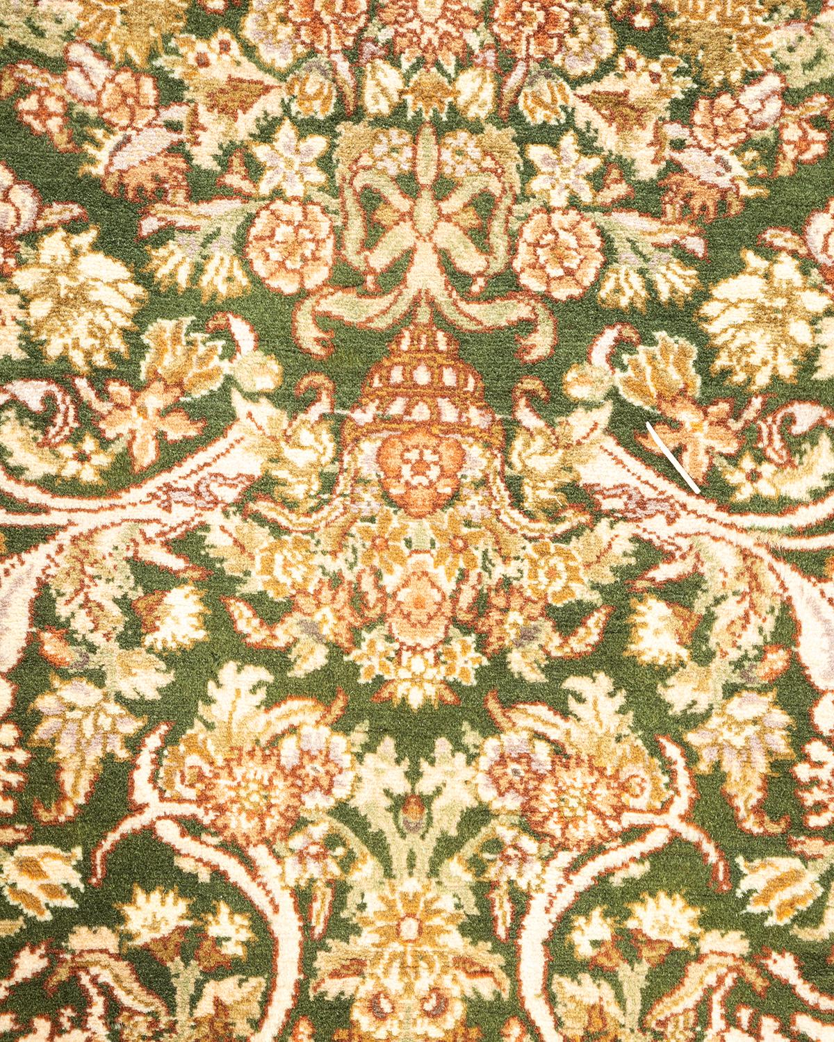 Pakistani One of a Kind Hand Knotted Traditional Oriental Mogul Green Area Rug For Sale