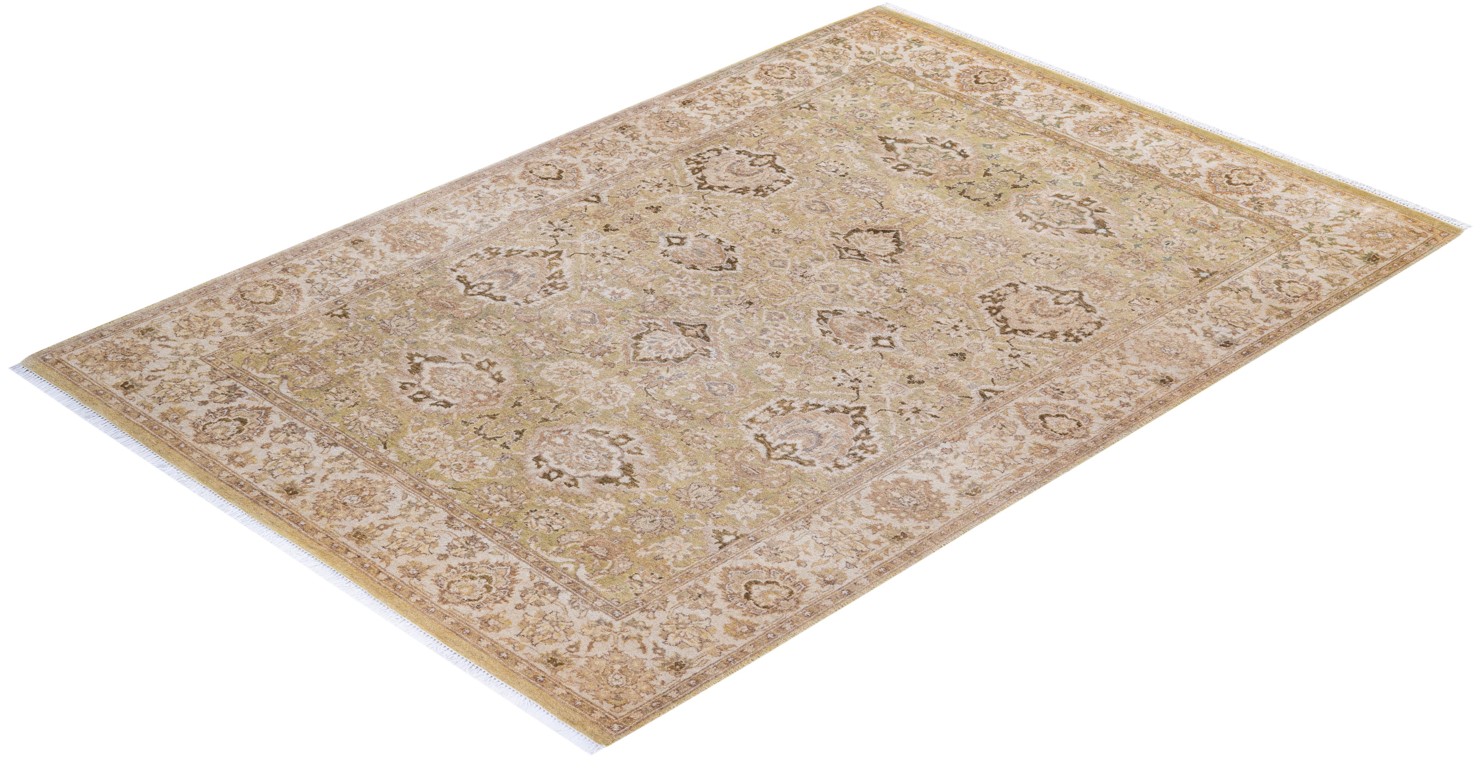 Tapis traditionnel oriental Mogul vert, unique en son genre, noué à la main. en vente 2