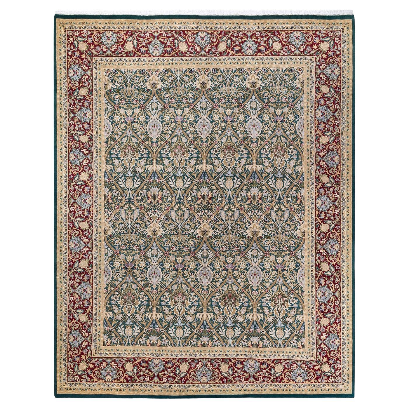 One of a Kind Hand Knotted Traditional Oriental Mogul Green Area Rug For Sale