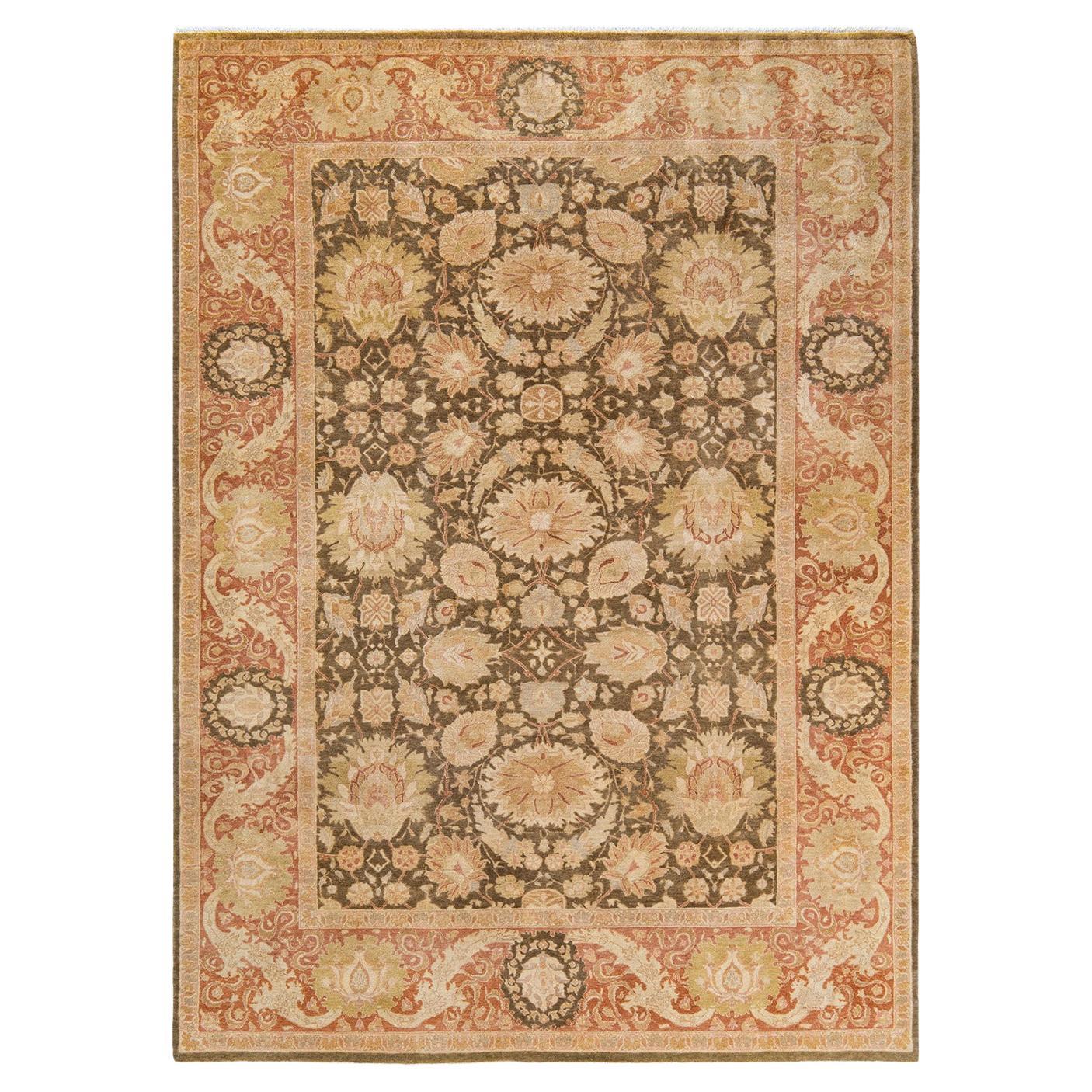 One of a Kind Hand Knotted Traditional Oriental Mogul Green Area Rug  For Sale