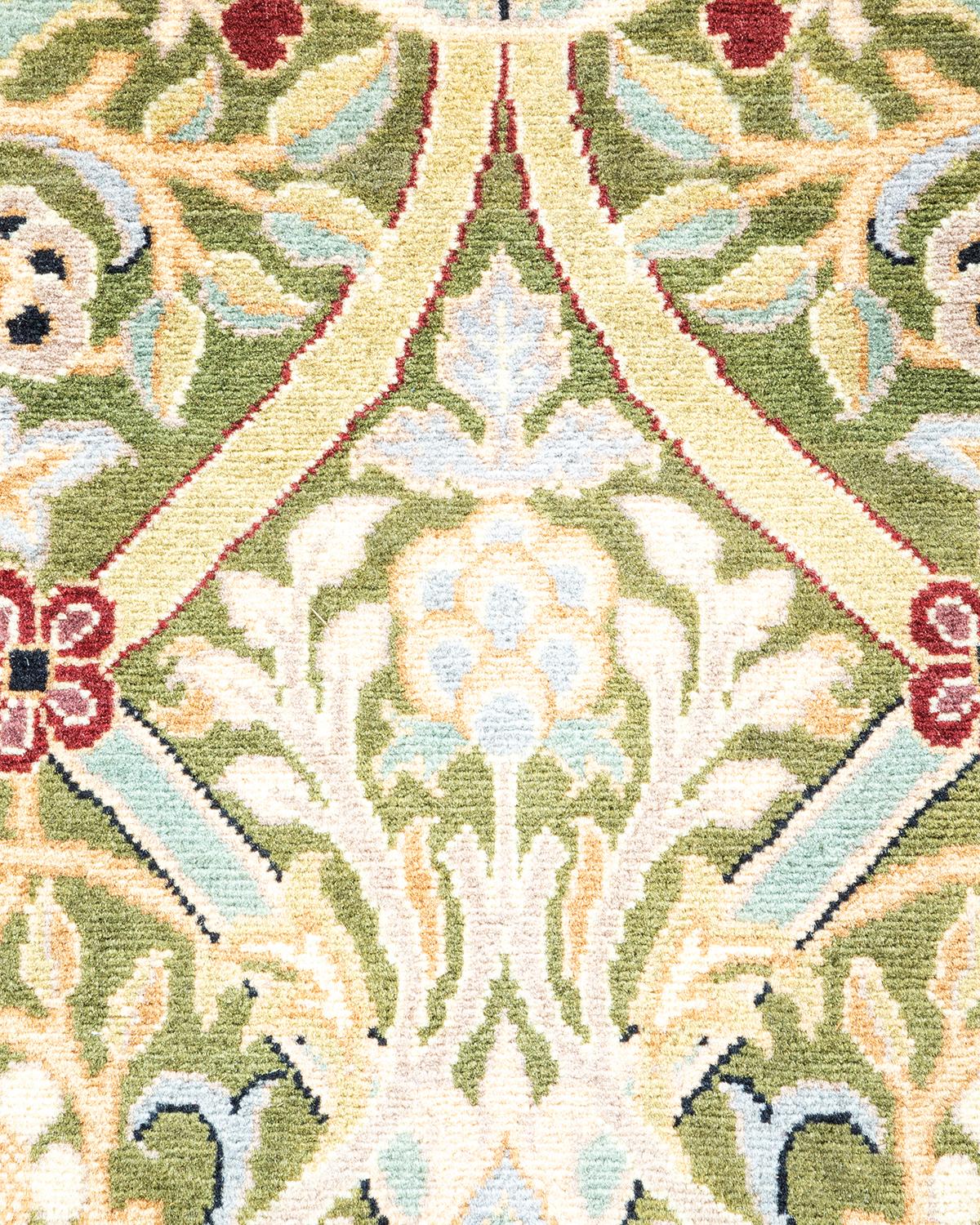 Pakistani One of a Kind Hand Knotted Traditional Oriental Mogul Green Runner Area Rug