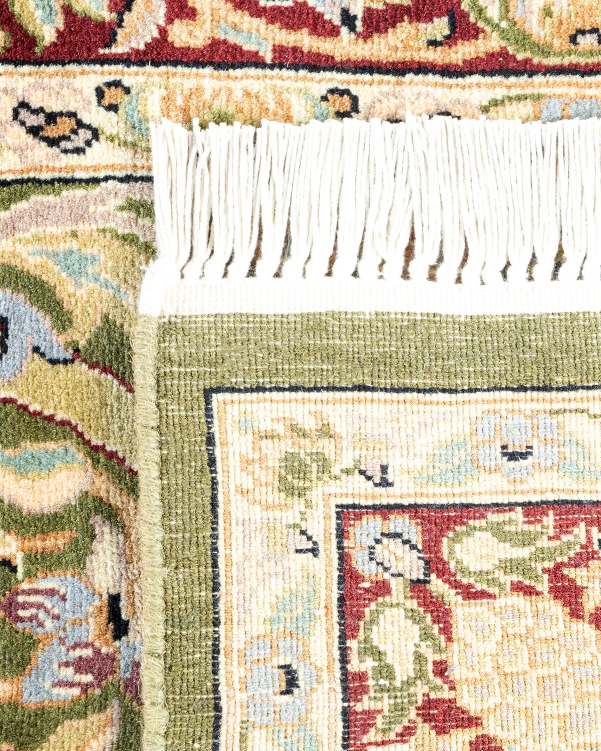 Contemporary One of a Kind Hand Knotted Traditional Oriental Mogul Green Runner Area Rug