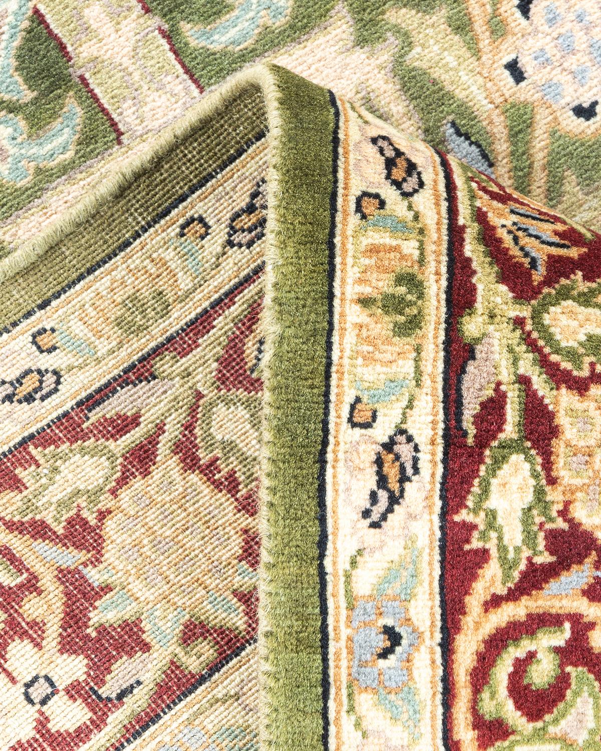 Wool One of a Kind Hand Knotted Traditional Oriental Mogul Green Runner Area Rug