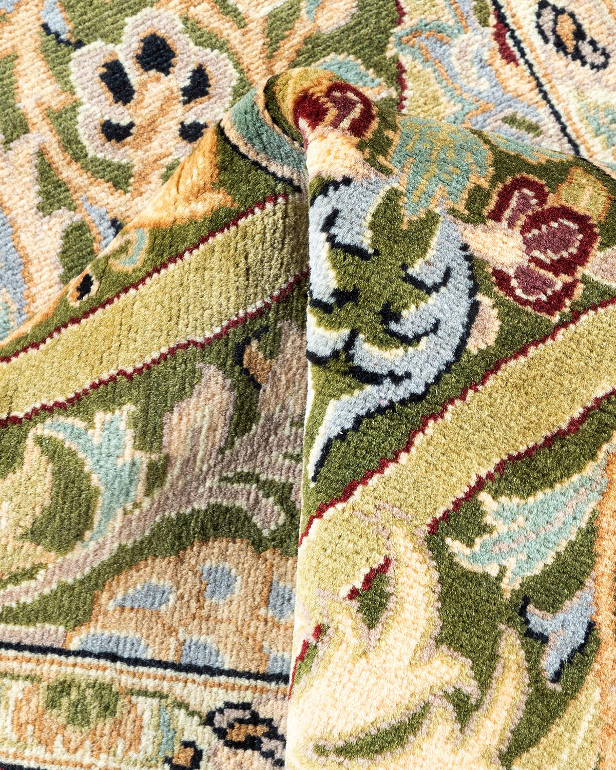 One of a Kind Hand Knotted Traditional Oriental Mogul Green Runner Area Rug 1