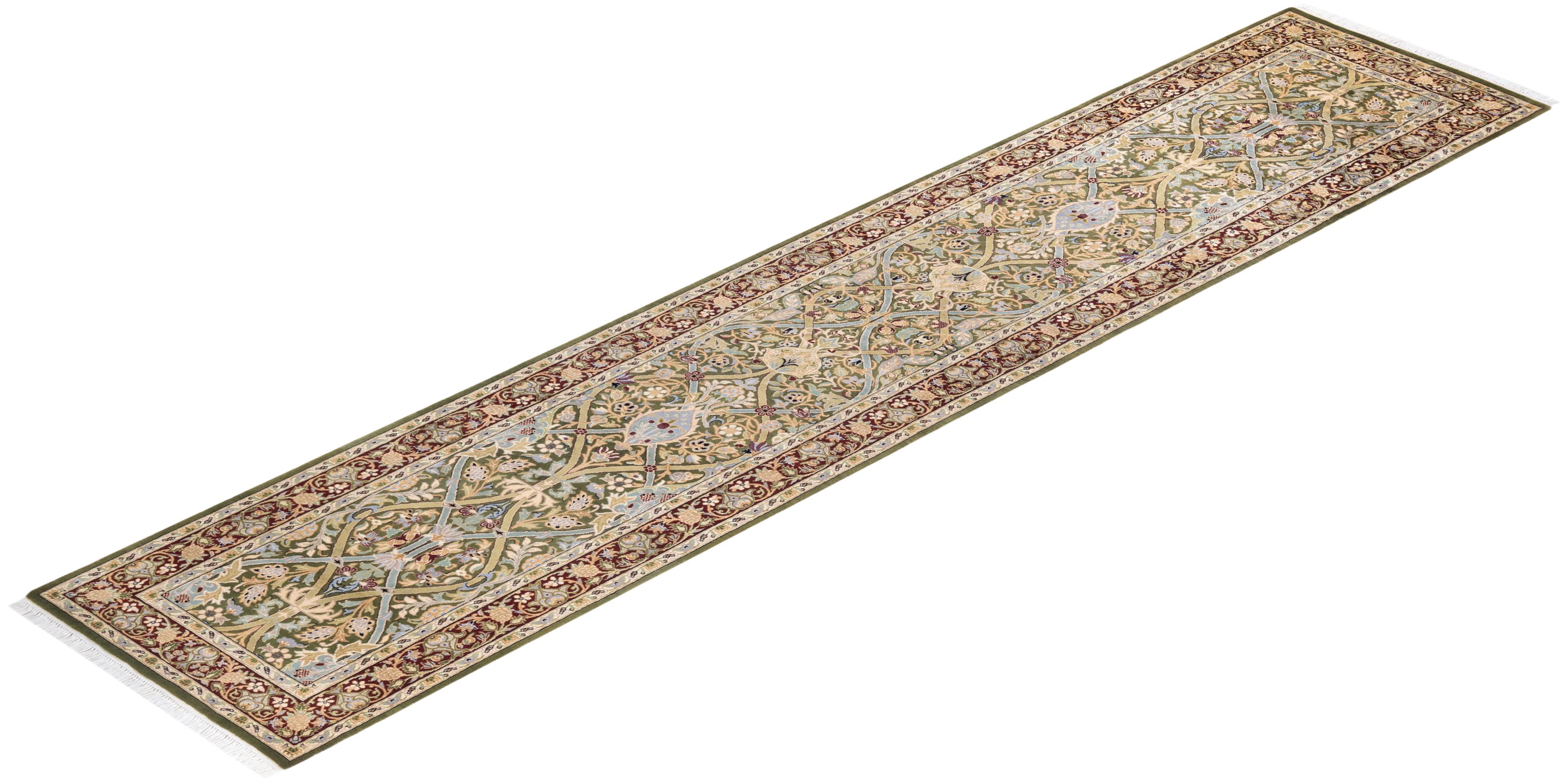 One of a Kind Hand Knotted Traditional Oriental Mogul Green Runner Area Rug 2