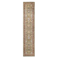 One of a Kind Hand Knotted Traditional Oriental Mogul Green Runner Area Rug