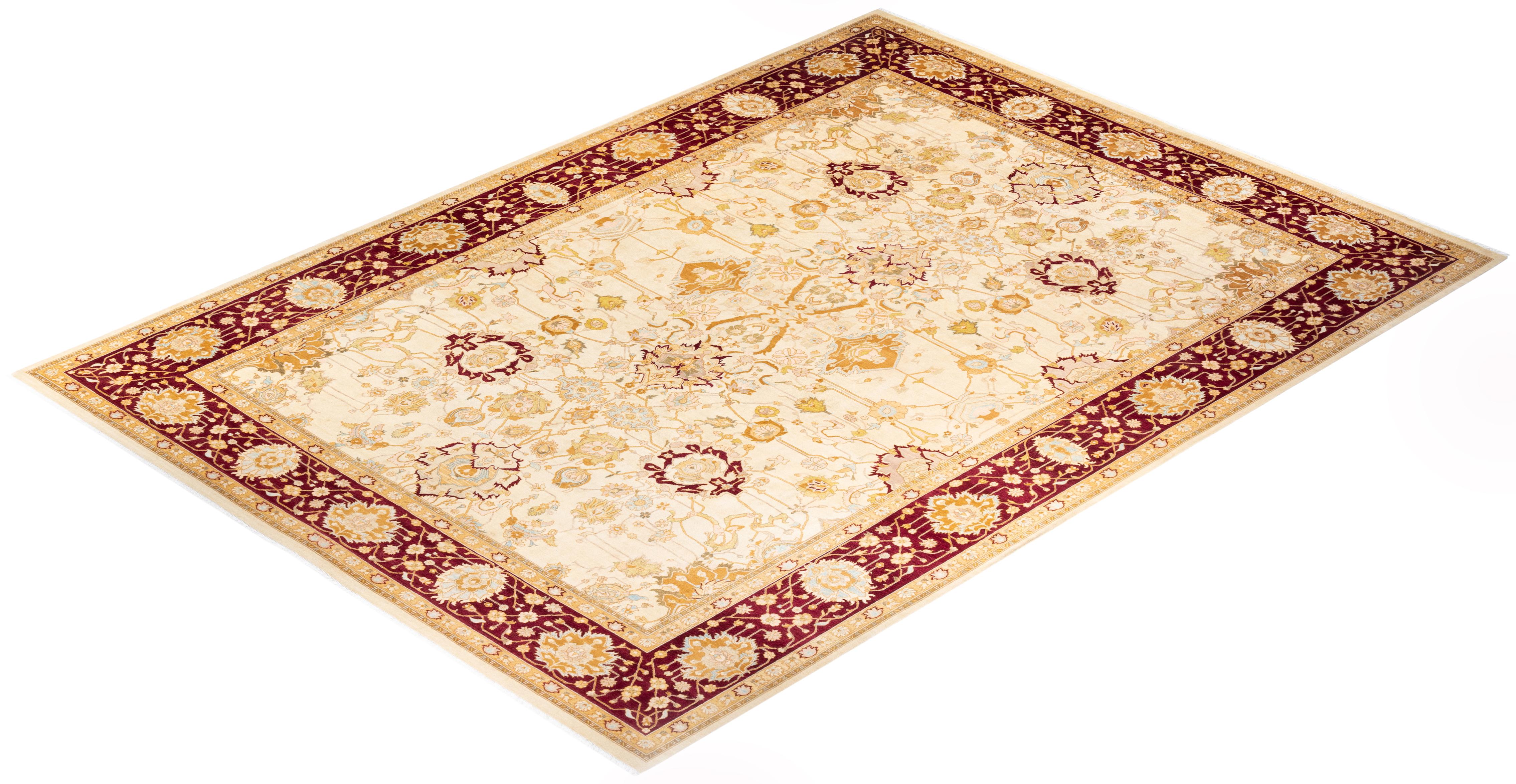 One-of-a-kind Hand Knotted Traditional Oriental Mogul Ivory Area Rug For Sale 2
