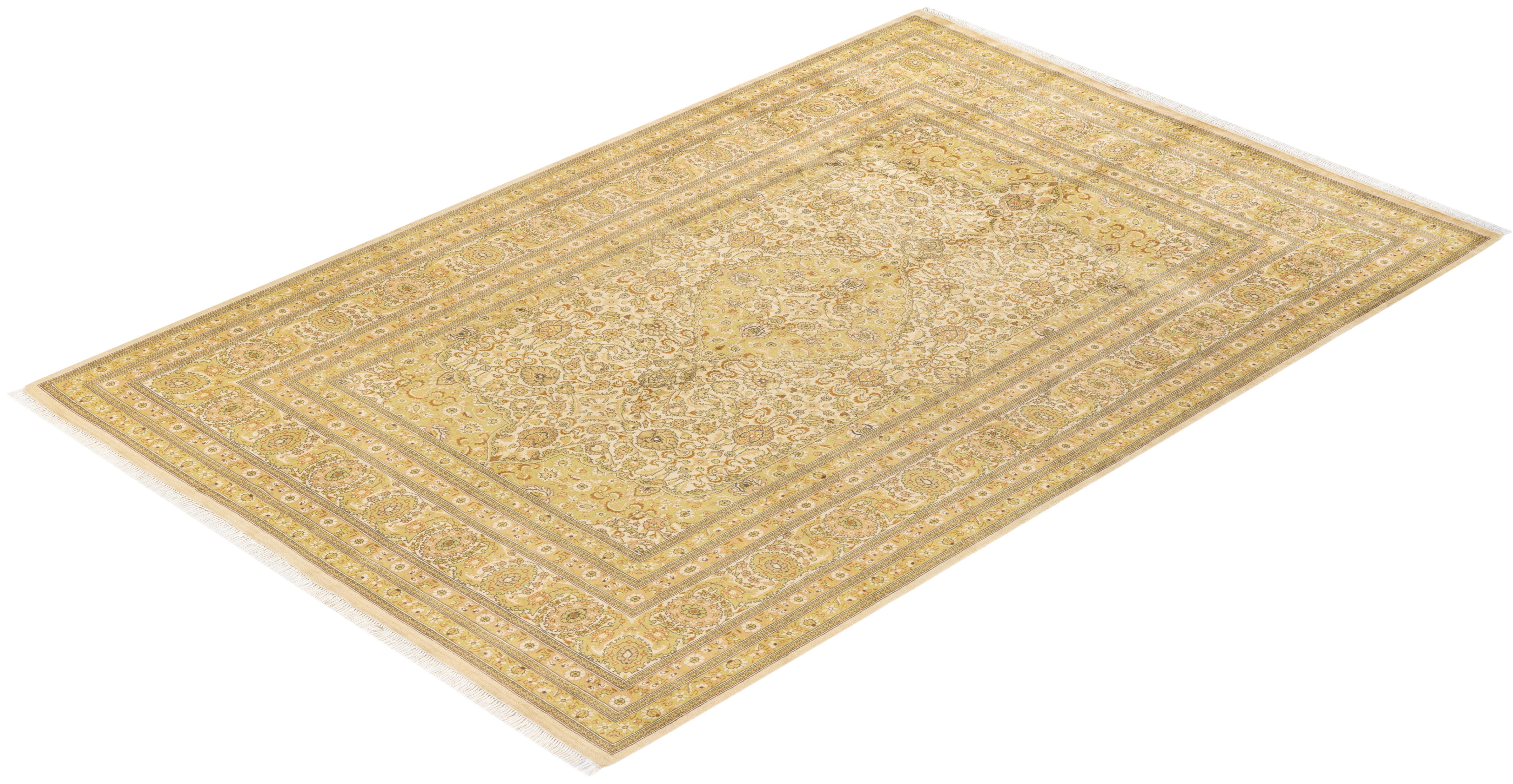 One-of-a-Kind Hand Knotted Traditional Oriental Mogul Ivory Area Rug For Sale 2