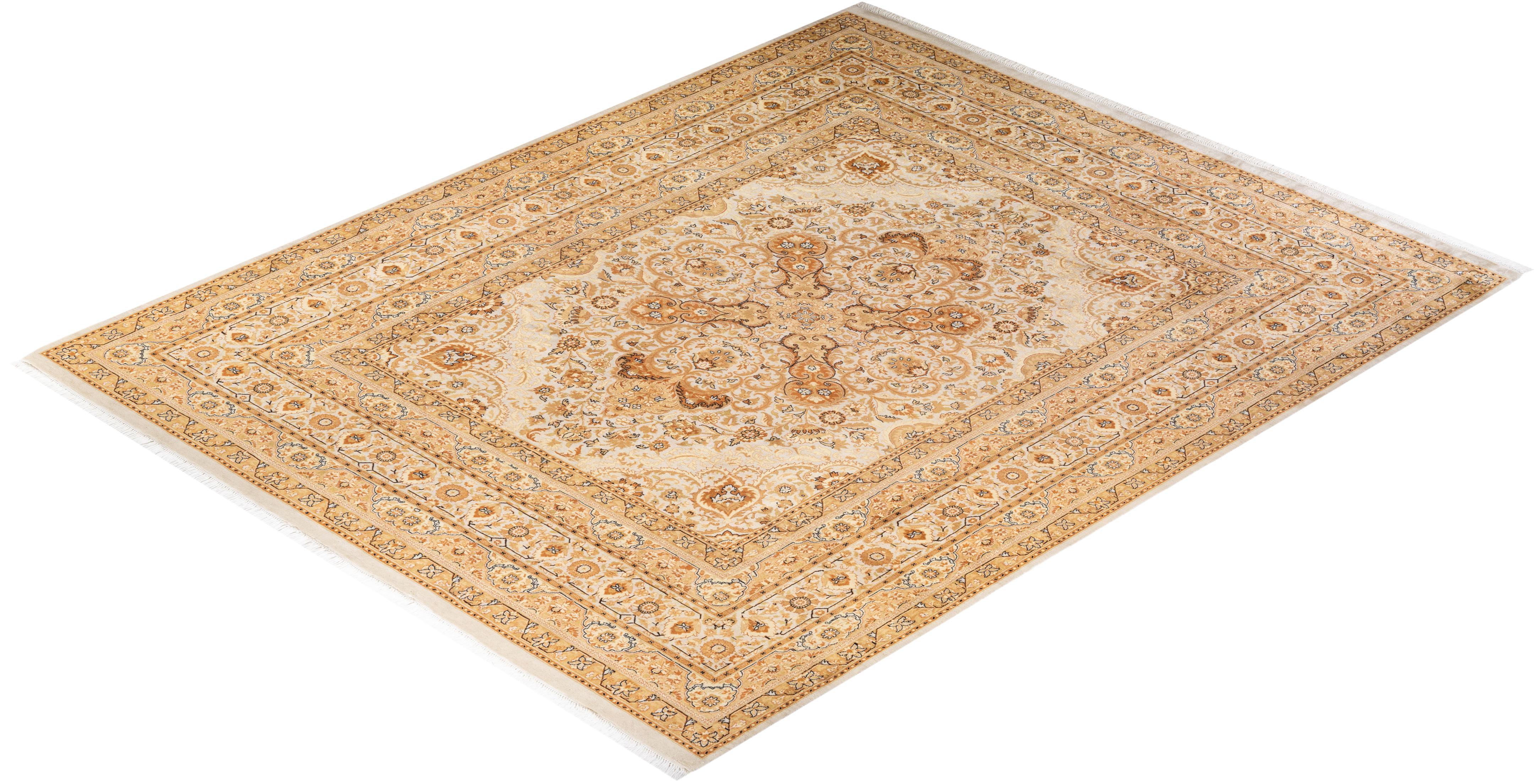 Handgeknüpfter traditioneller orientalischer Mogul-Teppich in Elfenbein, ein Einzelstück im Angebot 2