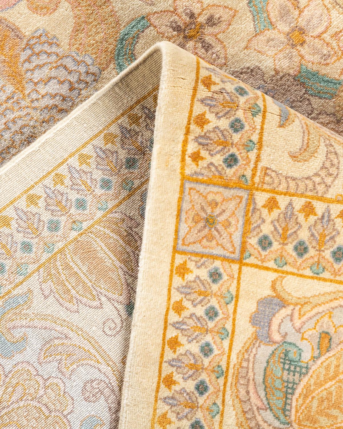 Contemporary One-of-a-kind Hand Knotted Traditional Oriental Mogul Ivory Area Rug For Sale