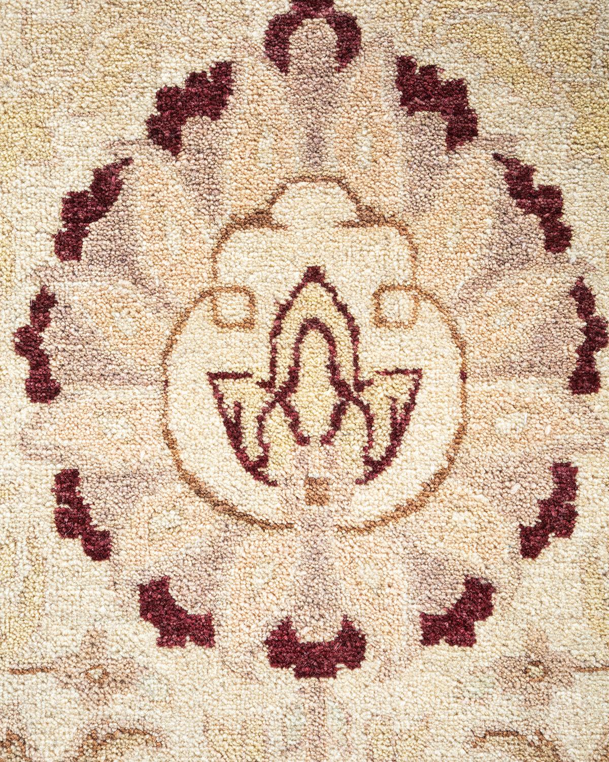 Pakistani One of a Kind Hand Knotted Traditional Oriental Mogul Ivory Area Rug For Sale