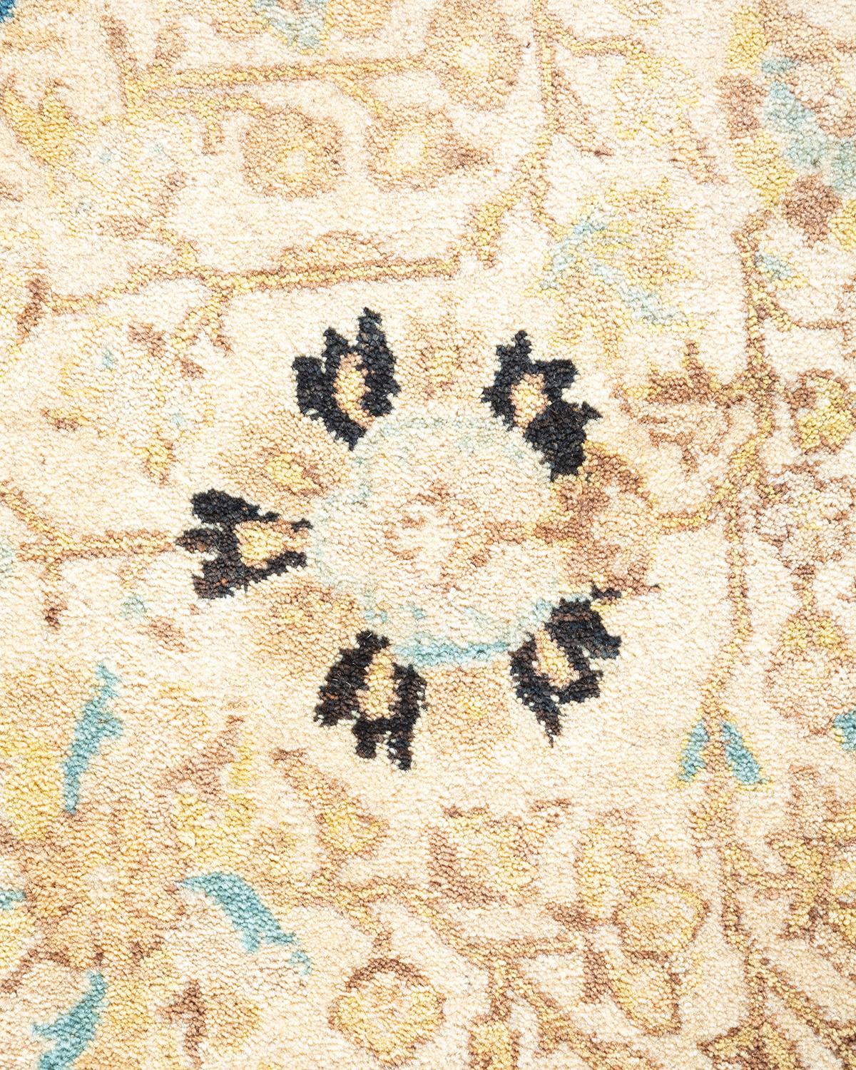 Pakistani One of a Kind Hand Knotted Traditional Oriental Mogul Ivory Area Rug For Sale