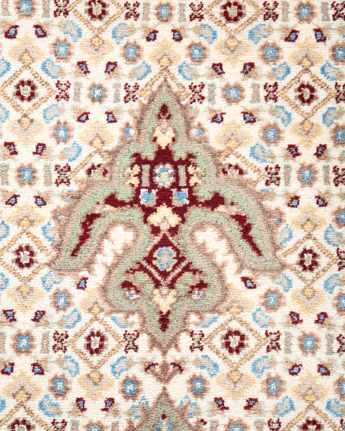 Pakistani One of a Kind Hand Knotted Traditional Oriental Mogul Ivory Area Rug For Sale