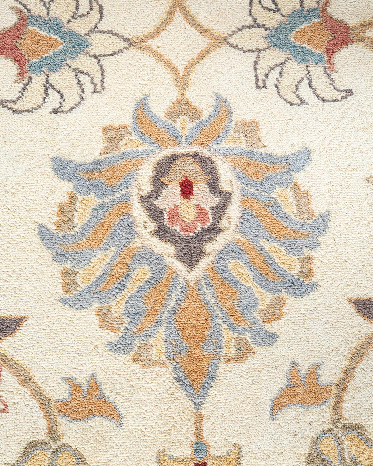 Pakistani One of a Kind Hand Knotted Traditional Oriental Mogul Ivory Area Rug For Sale