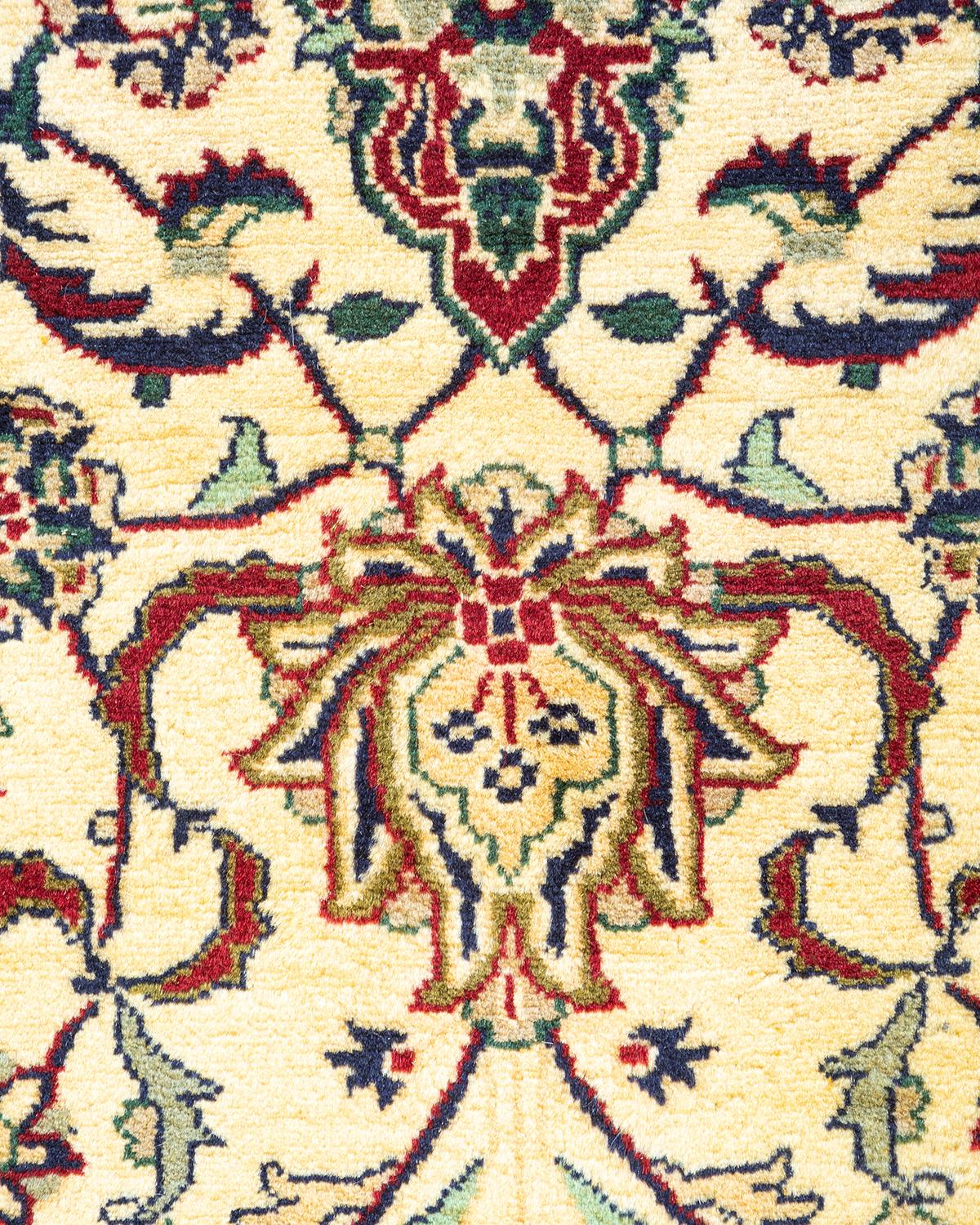 Pakistani One of a Kind Hand Knotted Traditional Oriental Mogul Ivory Area Rug For Sale
