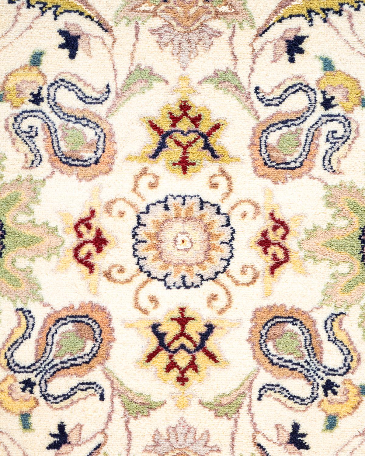 Pakistani One of a Kind Hand Knotted Traditional Oriental Mogul Ivory Area Rug For Sale